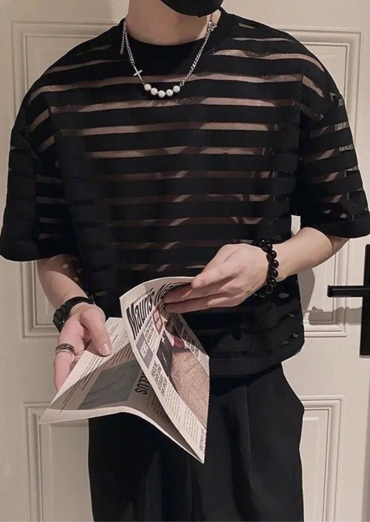 K-Drama Inspired Romantic Mystery : Black Sheer Striped Mesh Tee –  BASIC
