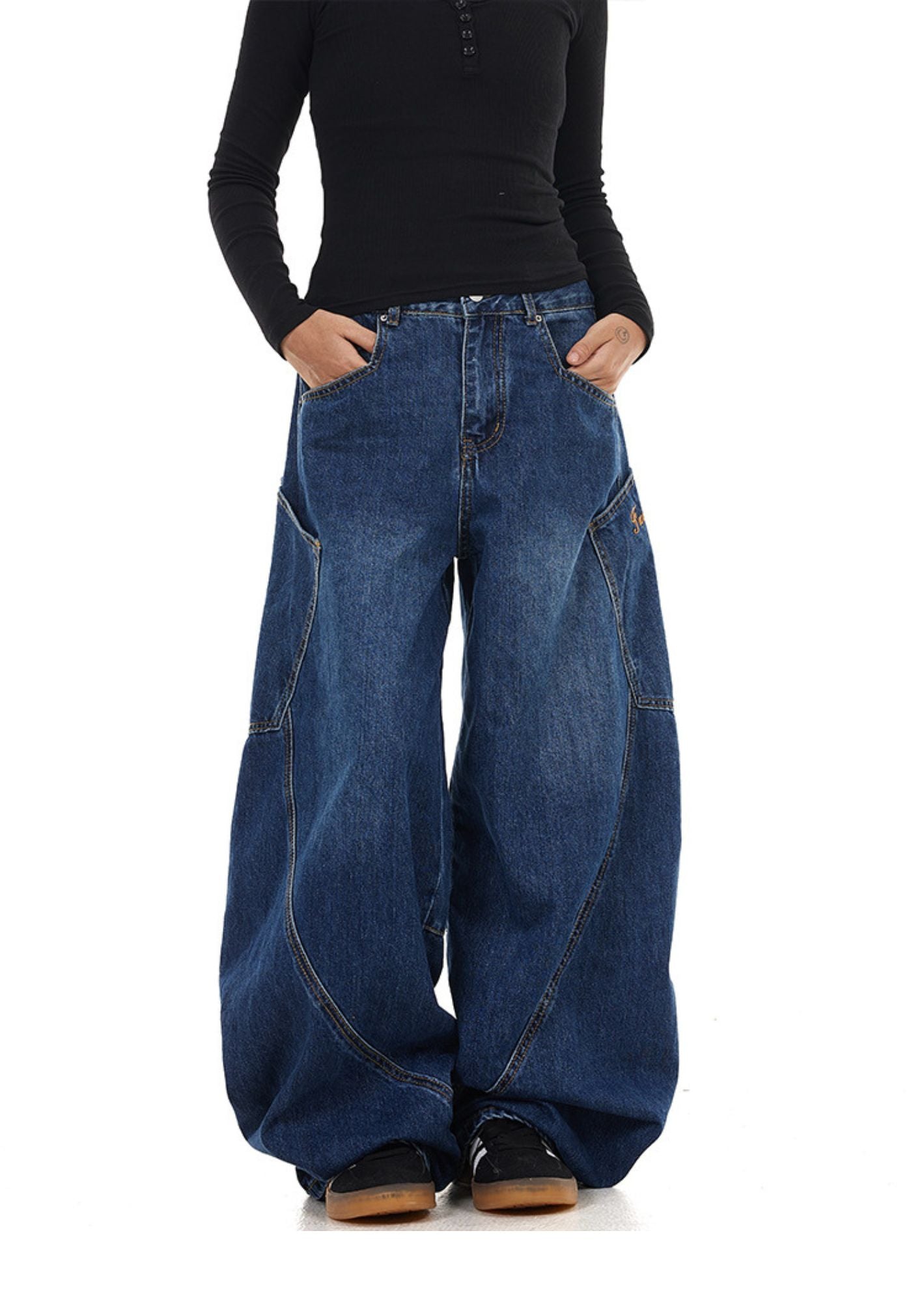J-Drama Inspired Wide Leg  Jeans with Side Pocket and irregular Hem
