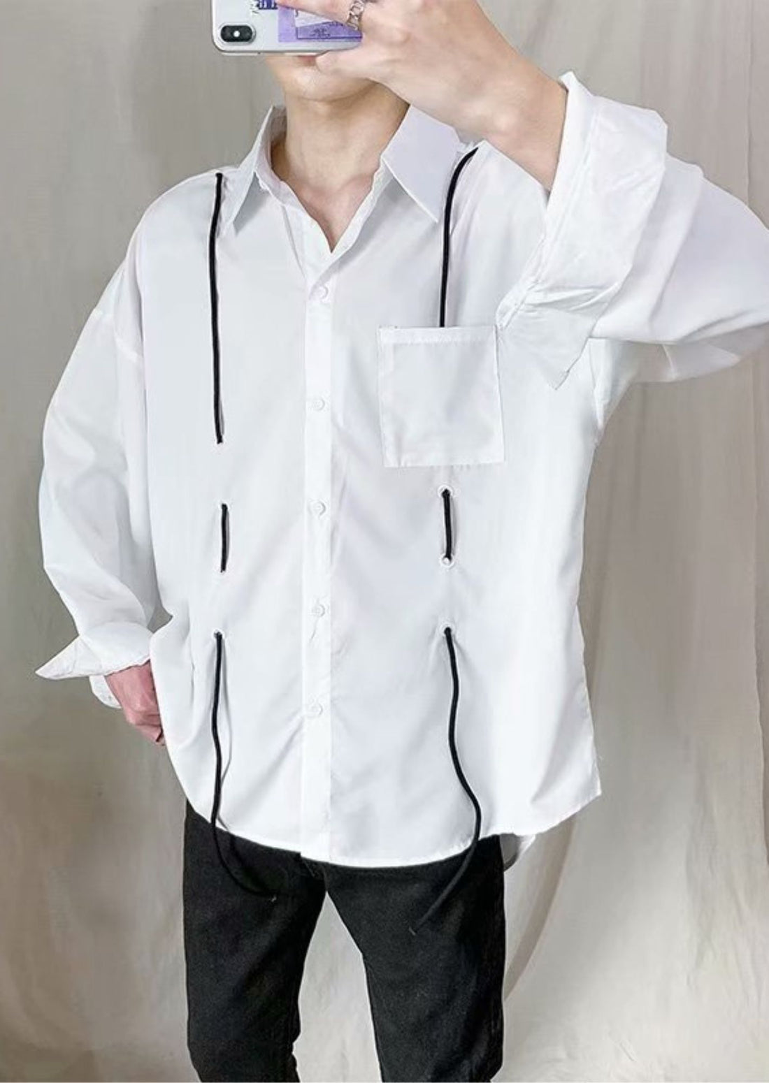 Long Sleeve Shirt with Drawstring Detail on Eyelets