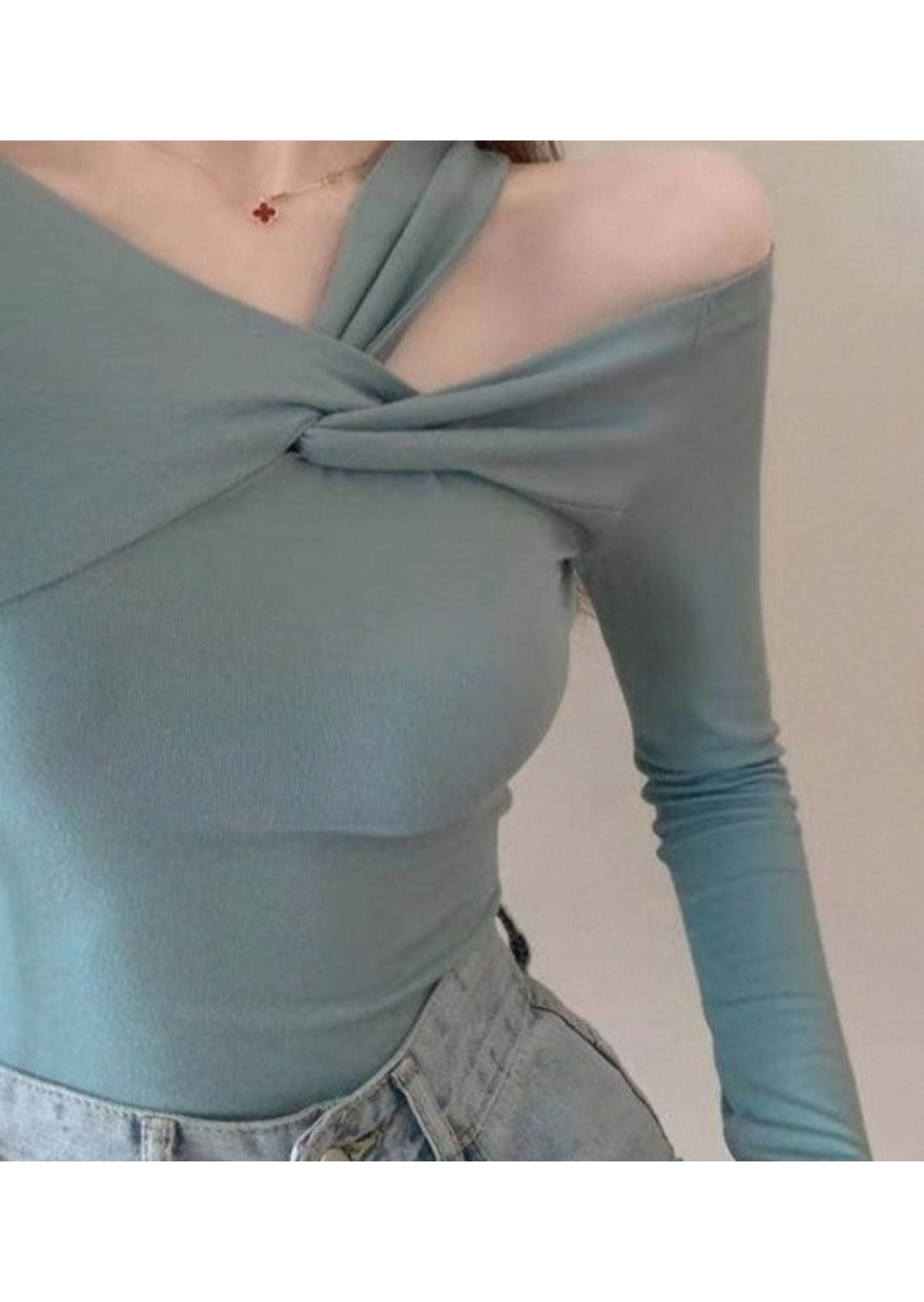 J-Drama Inspired One-Shoulder Knot Top – Asymmetrical Long Sleeve Blouse with Twisted Neckline Detail - BASIC