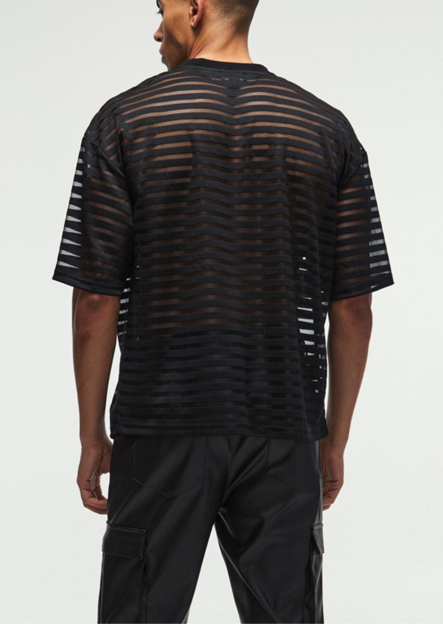 K-Drama Inspired Romantic Mystery : Black Sheer Striped Mesh Tee –  BASIC