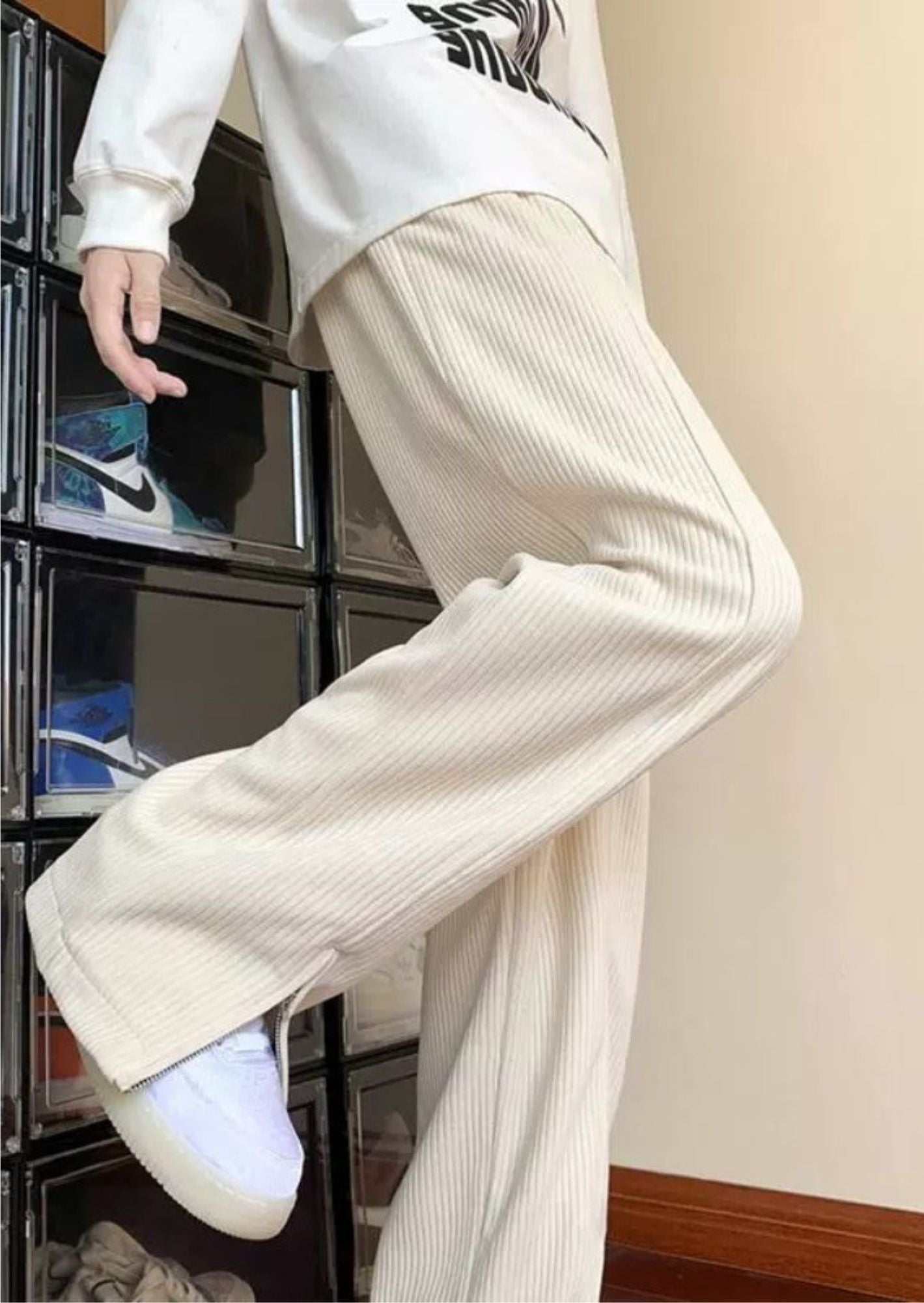 C-Drama Inspired Corduroy Wide Leg Pant with Zipper Detail at Hem