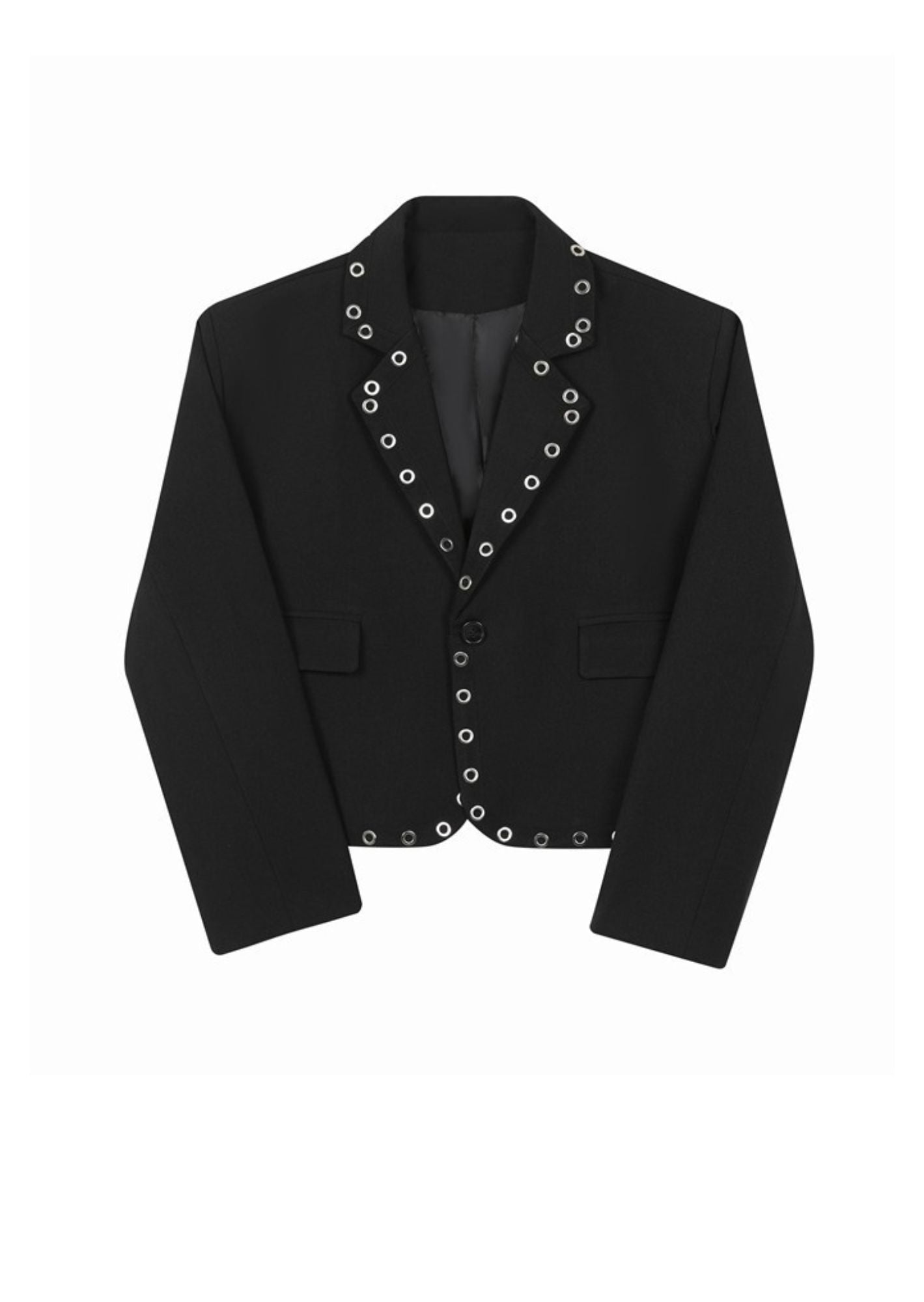 K-Drama Inspired CEO Edge - Power Dressing with a Rebel Twist : Cropped Black Blazer Jacket with Bold Eyelet Detailing – BASIC