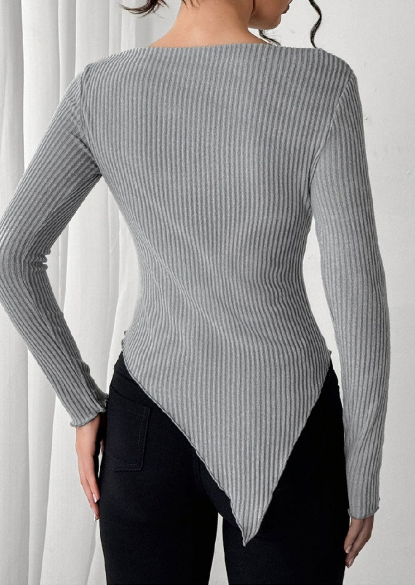 K-Drama Inspired Off Shoulder Knitted Top Long Sleeve Asymmetrical Hem