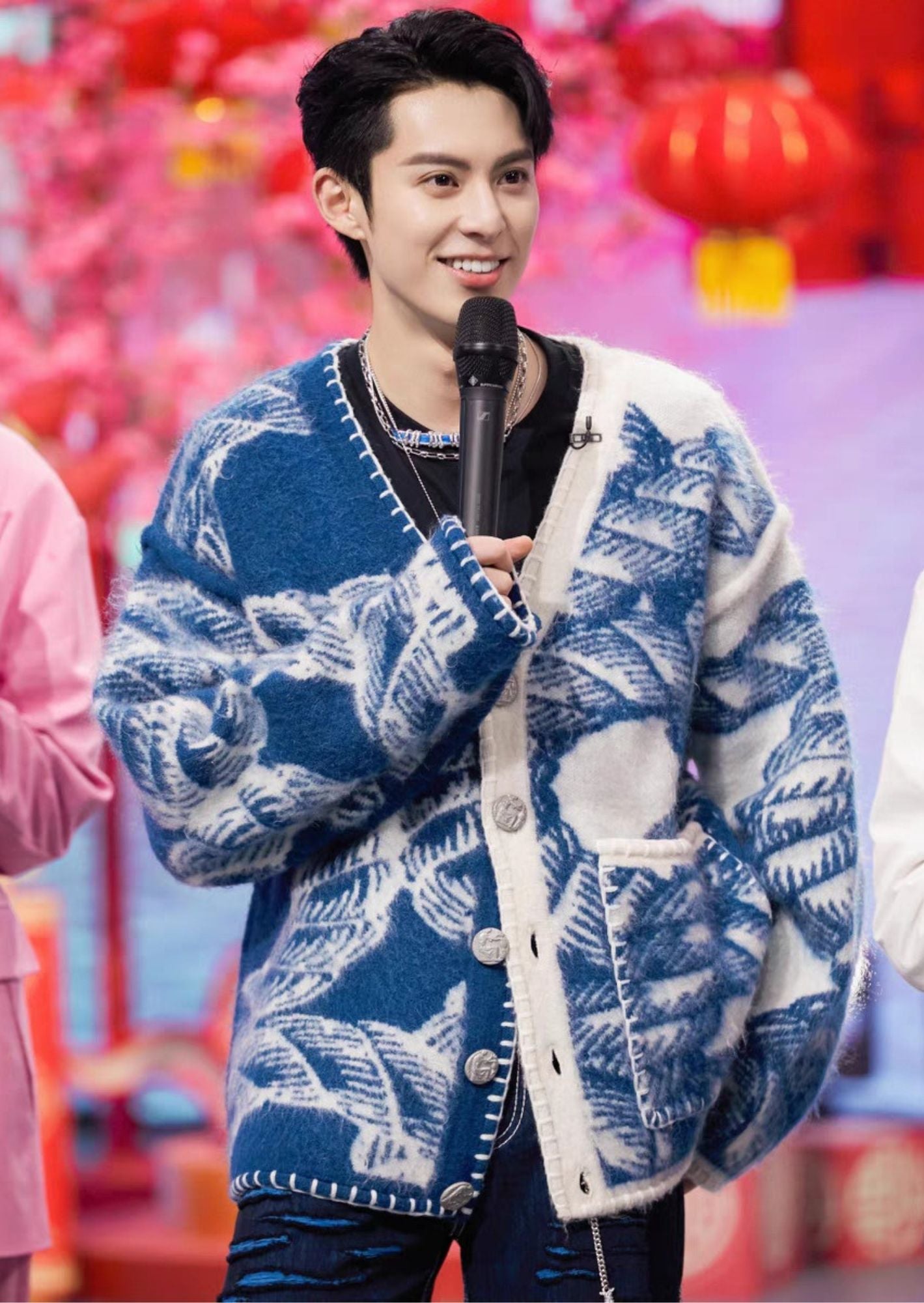 C-Drama Inspired Artistic Outerwear - Rope-Printed Knit Cardigan with Button Detailing and Blanket Stitch Accents – BASIC