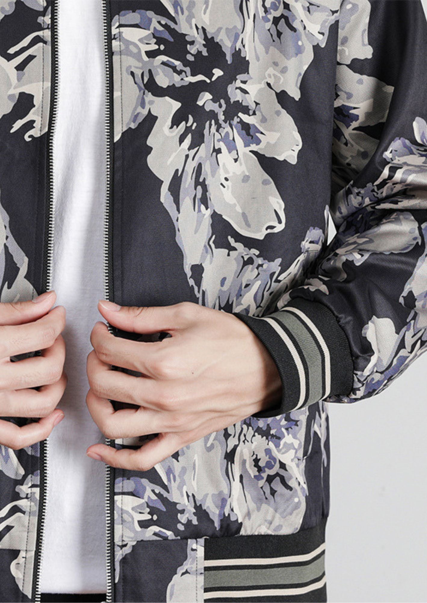 K-Drama Inspired Street-Style Statement : Luxe Floral Bomber Jacket with Monochrome Petal Print –  BASIC