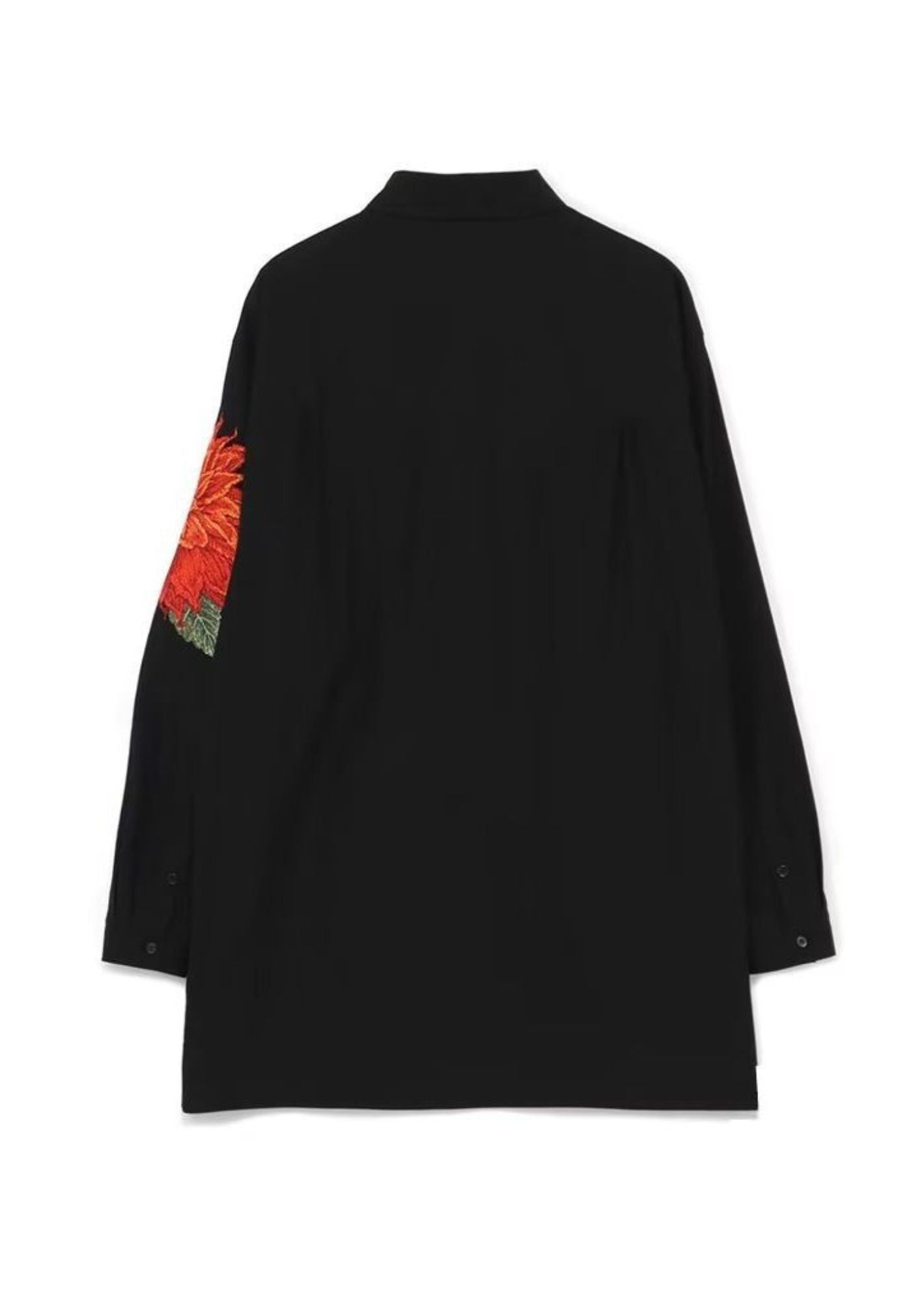 J-Drama Inspired Minimalist Elegance - Oversized Black Shirt with Floral Embroidered Sleeve Patch – BASIC