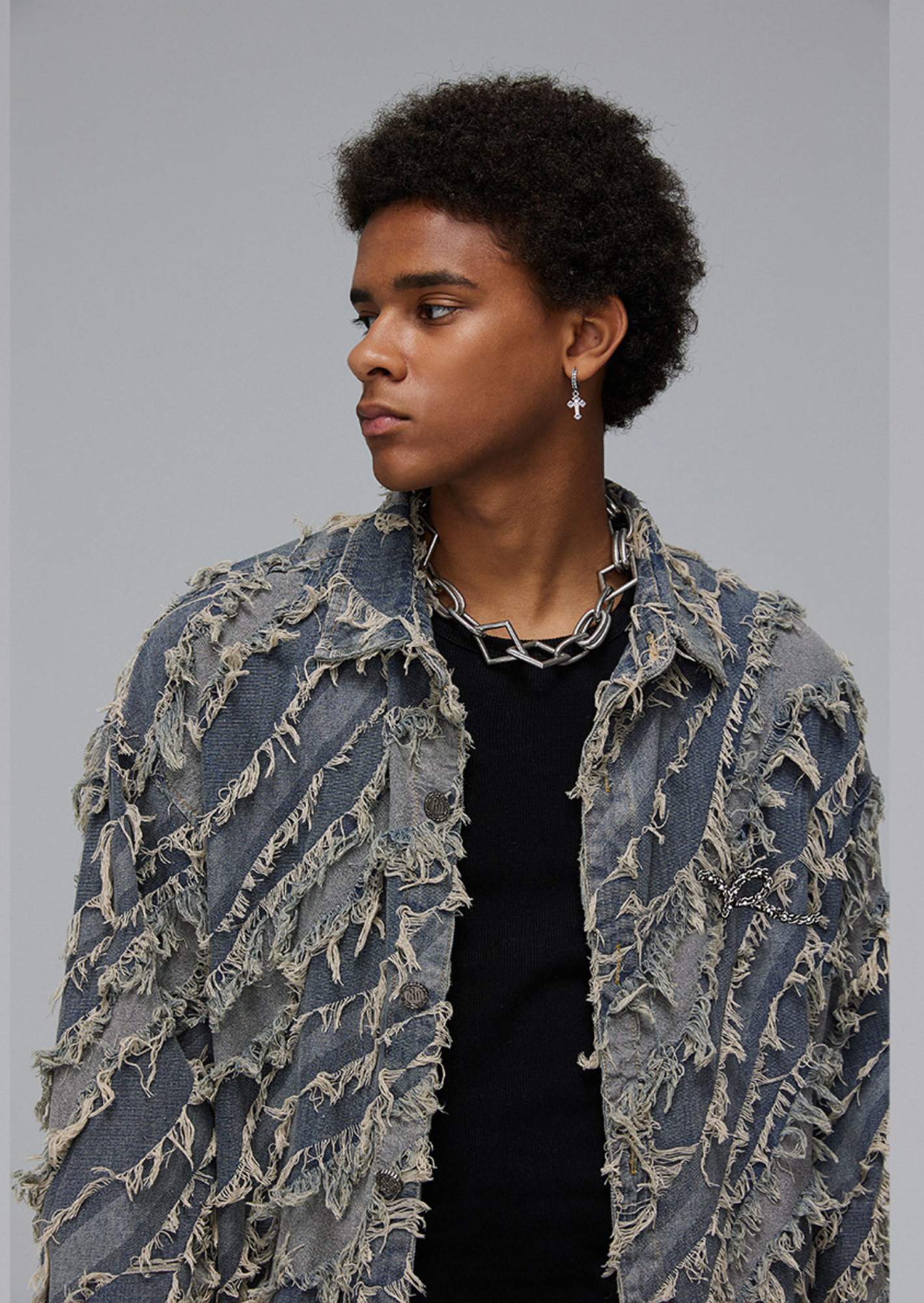J-Drama Inspired Streetwear Statement : Textured Paneled Denim Jacket with Raw Frayed Detailing – BASIC