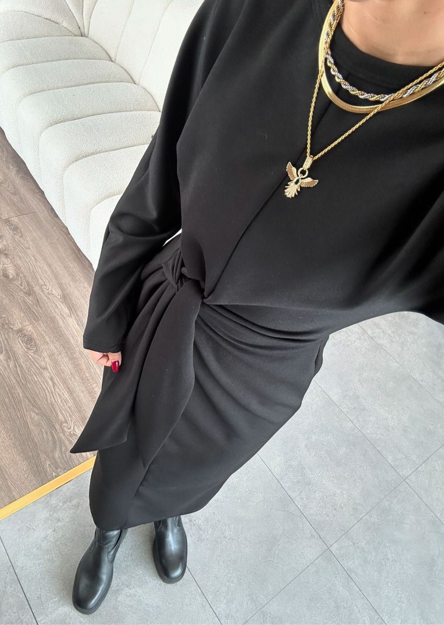 J-Drama Inspired Round Neck Long Sleeve Tie Up Long Dress