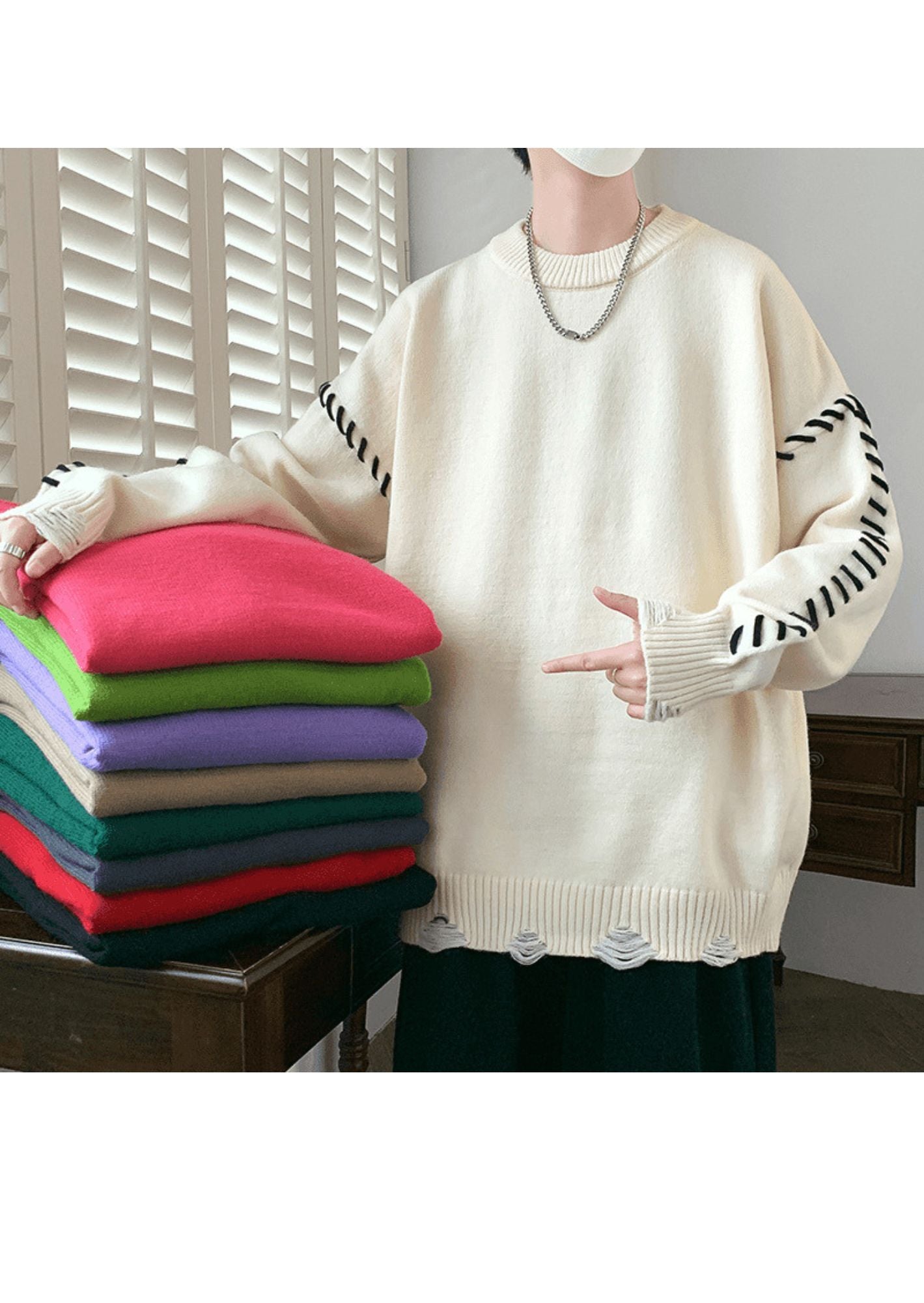 C-Drama Inspired Loose Knitted Sweatshirt with Contrasting Threading Design