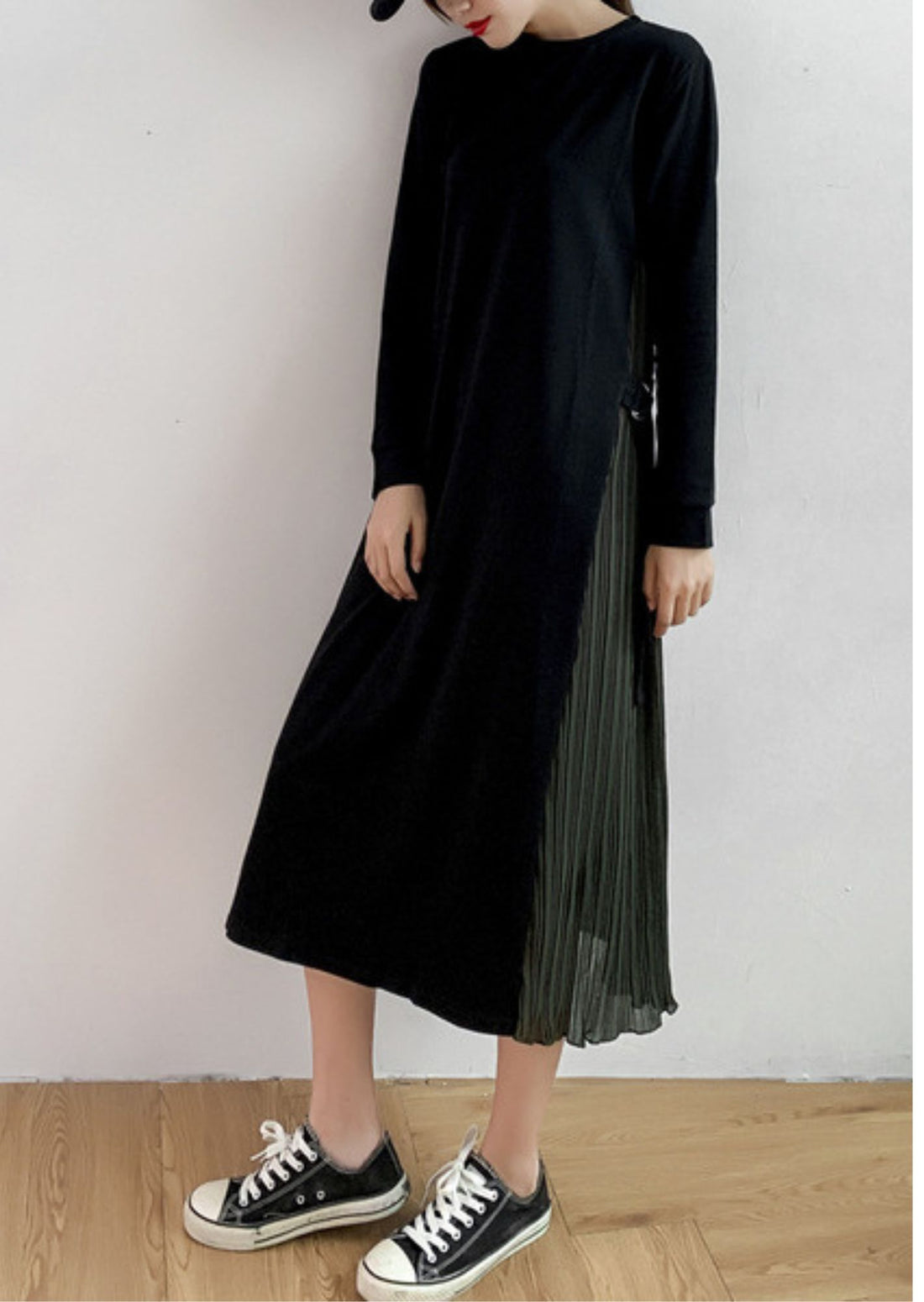 Midi Length Side Pleated Patched Dress