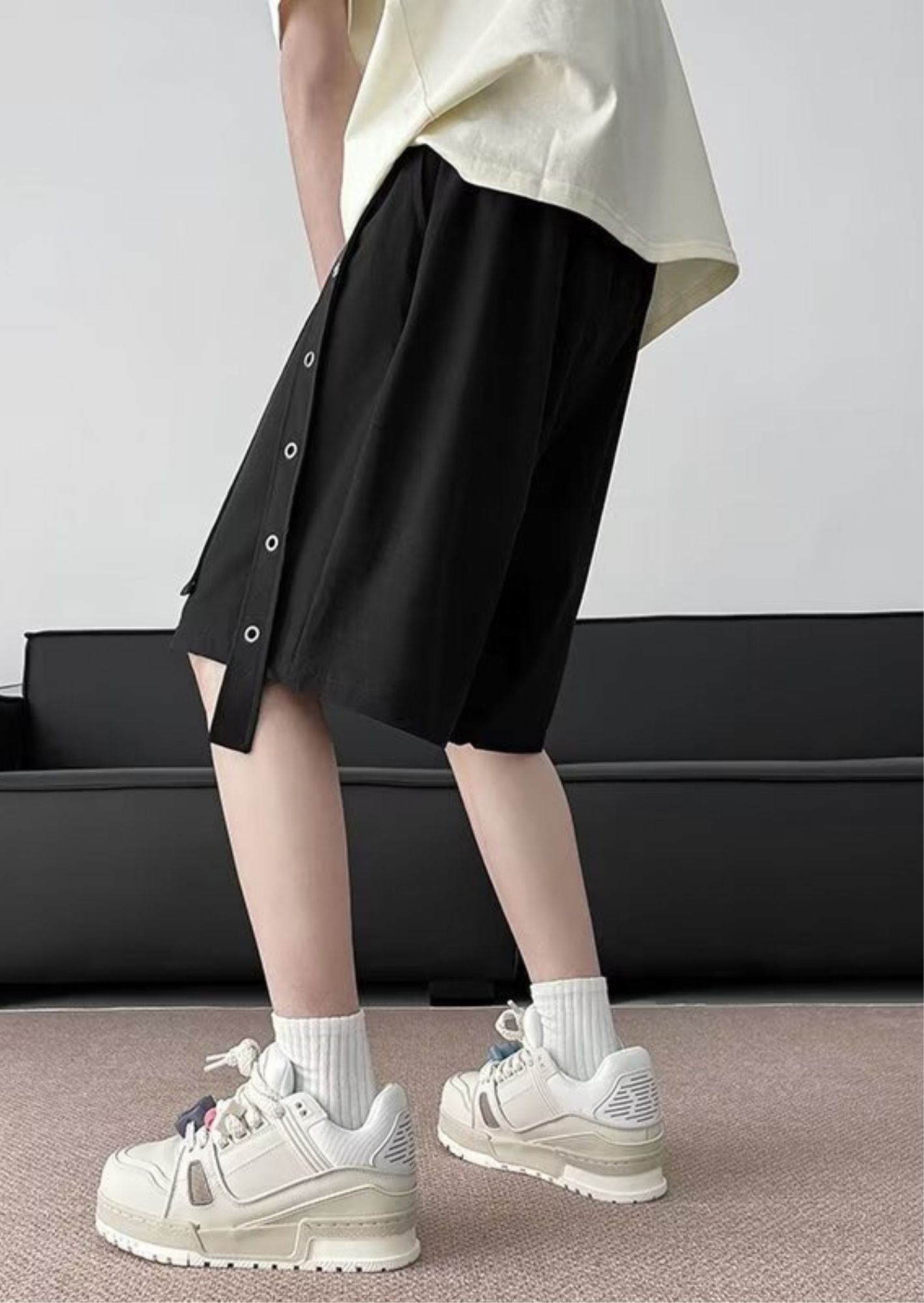 J-Drama Inspired Urban Minimalism : Black Relaxed Shorts with Eyelet Strap Detailing – BASIC