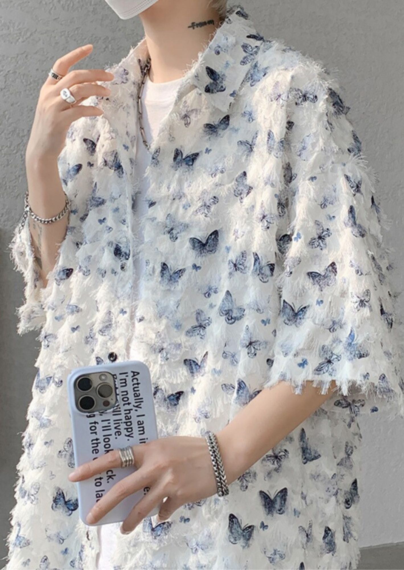 K-Pop Inspired Butterfly Printed Tassel Textured Loose Fitted Shirt
