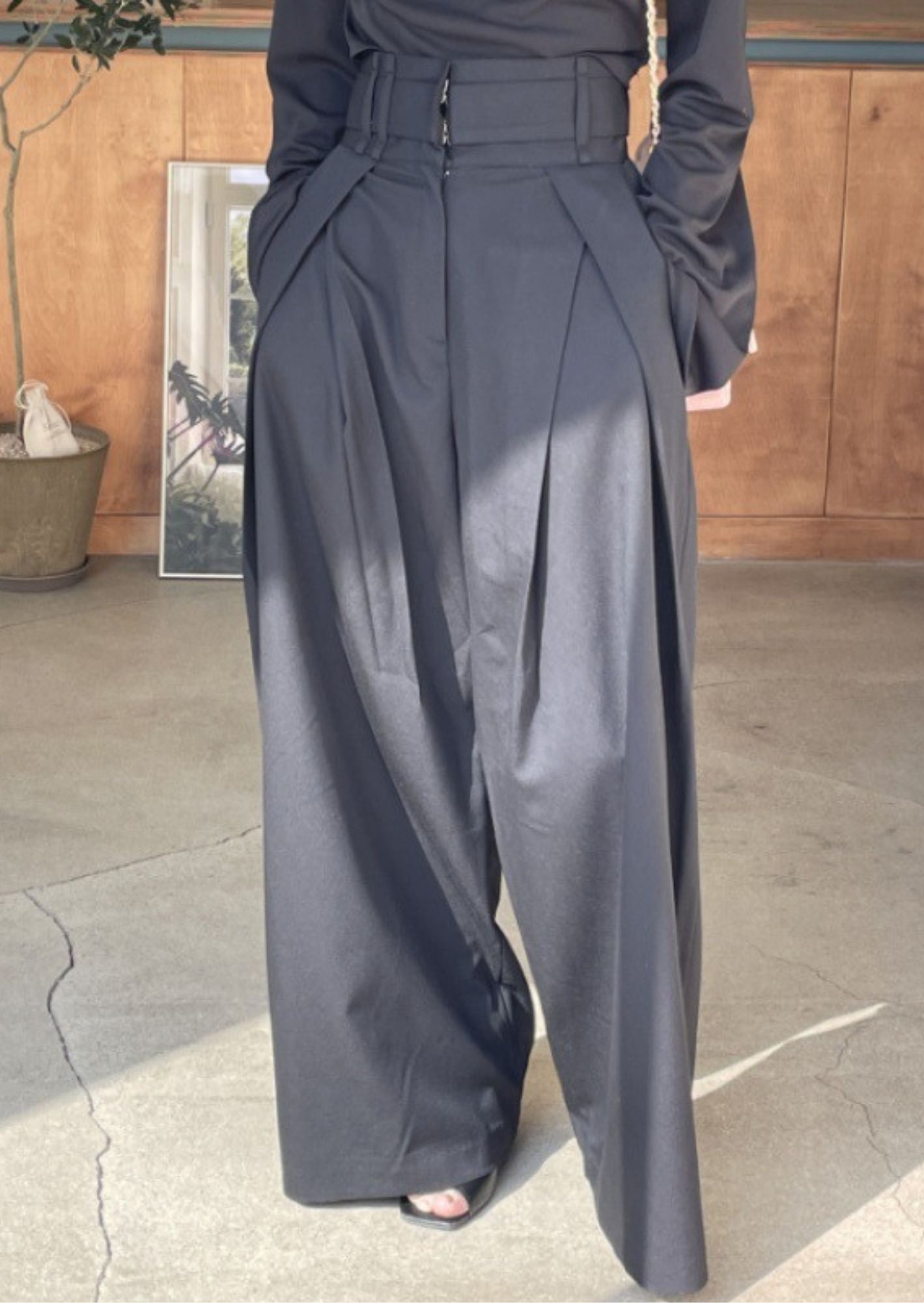 J-Drama Inspired Wide-Leg Trousers – High-Waisted Pleated Pants with Belted Waist Detail - BASIC