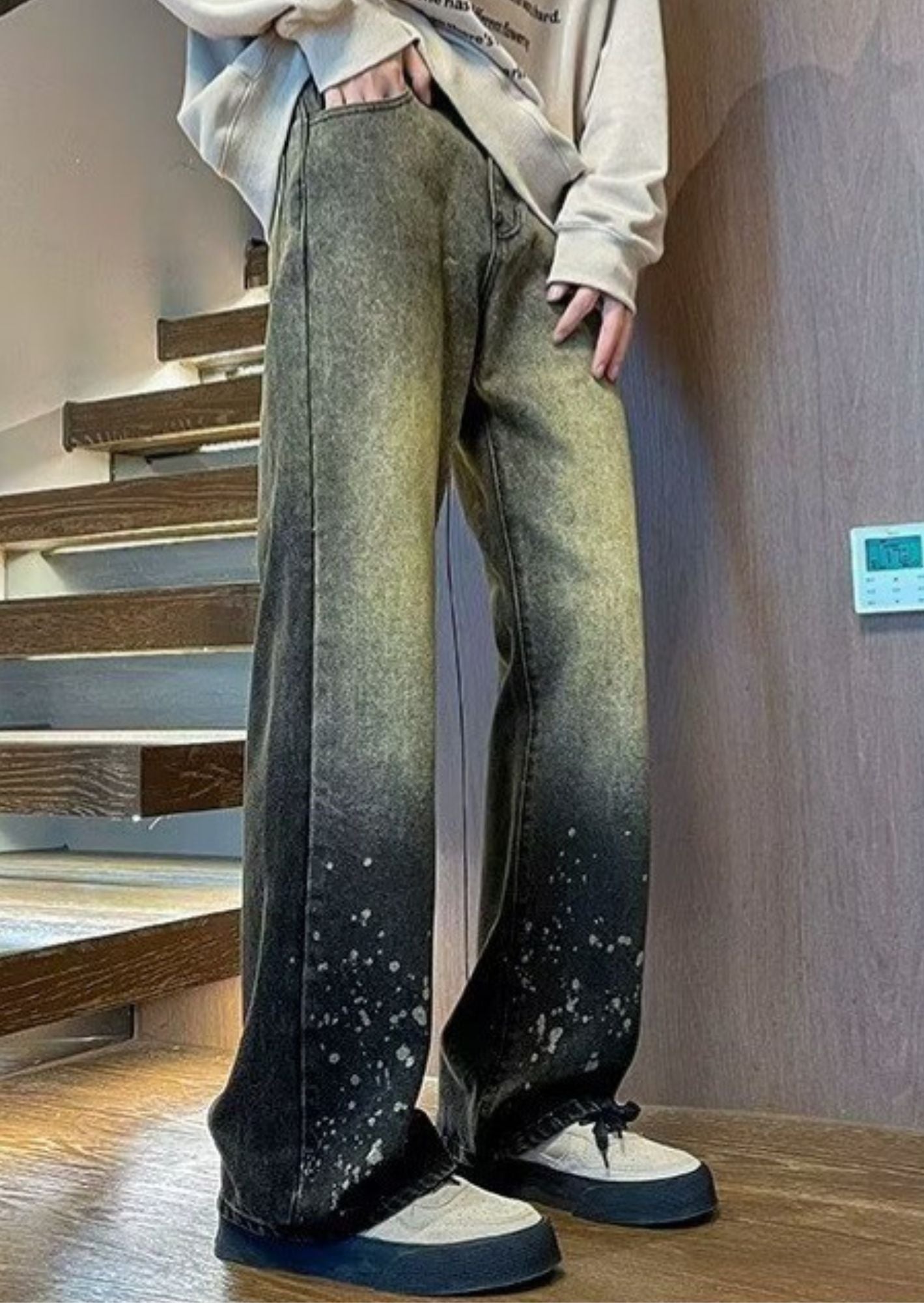 J-Drama Inspired Vintage Washed Ink Splashed Heavy Weight Denim