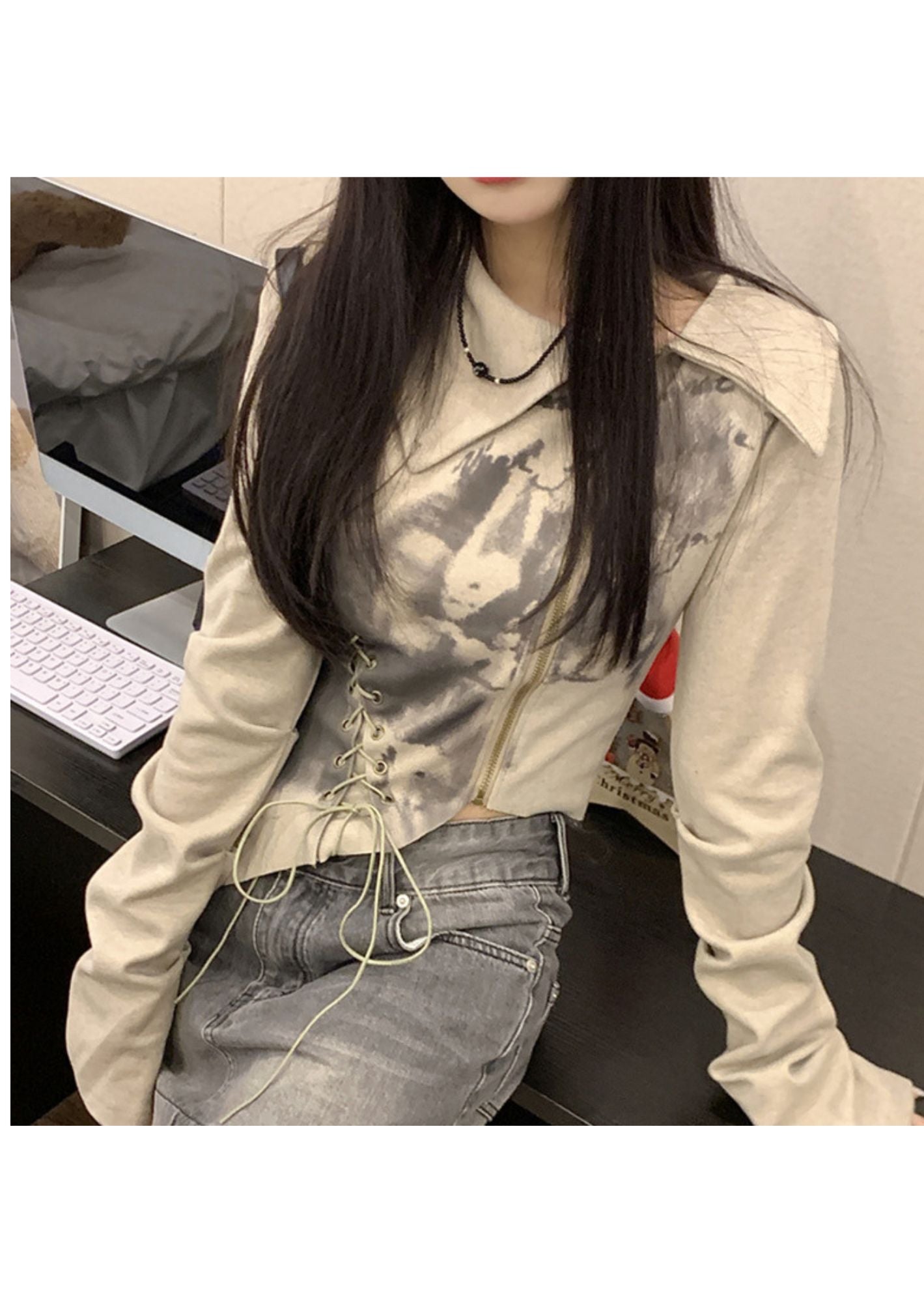 J-Drama Inspired Long Sleeve Collared Top with Zipper Opening and Lace Up Detail