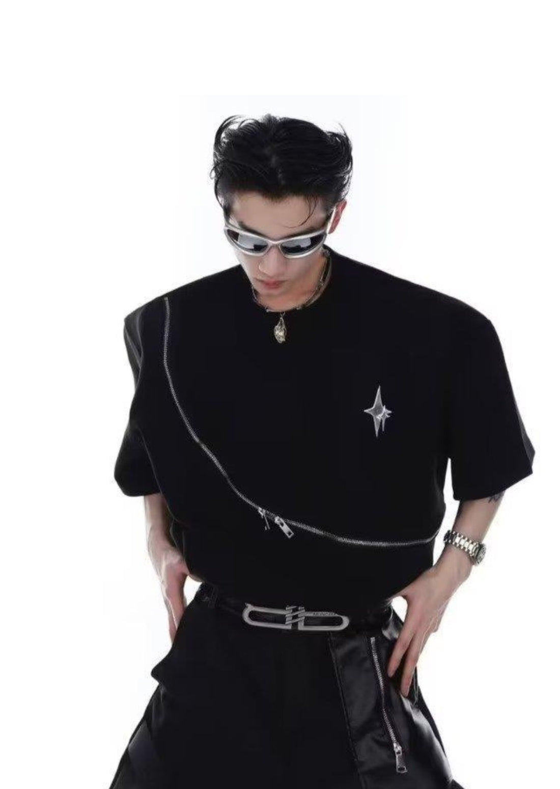 Metal Zipper Design Shoulder Pad Short Sleeve T-Shirt