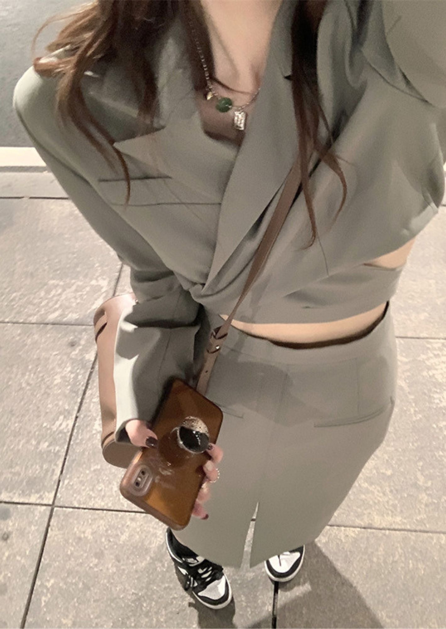 K-Drama Inspired Cross Body Cropped Jacket + Mid Length Split Skirt Set