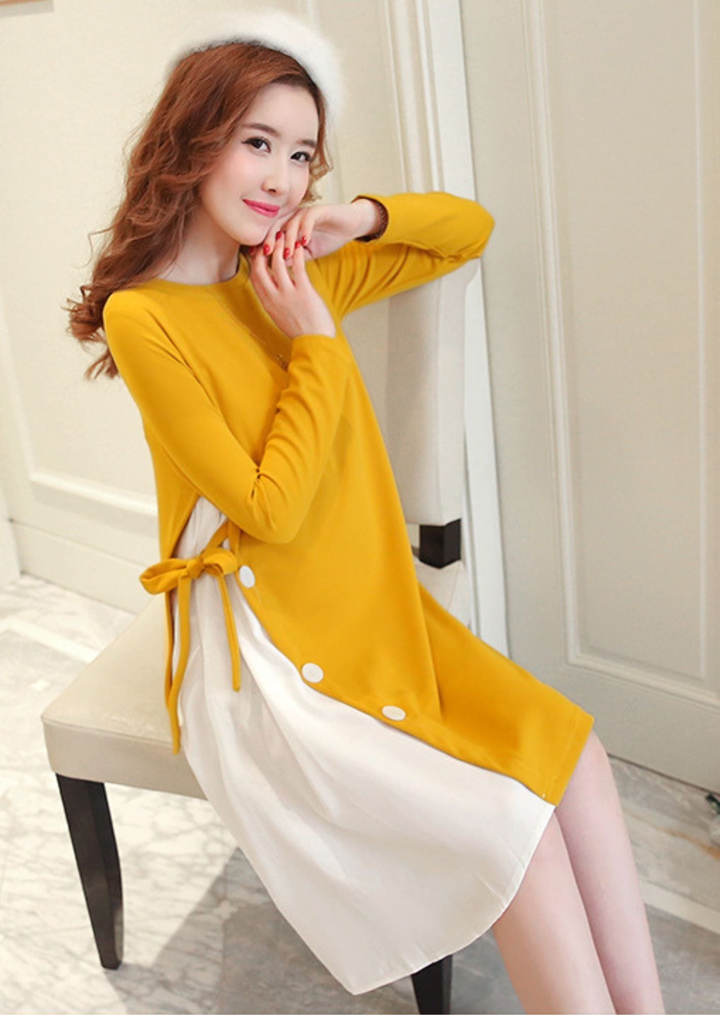 J-Drama Inspired Playful Maternity Dress – Colorblock Yellow & White Tunic with Side Bow and Button Detailing - BASIC