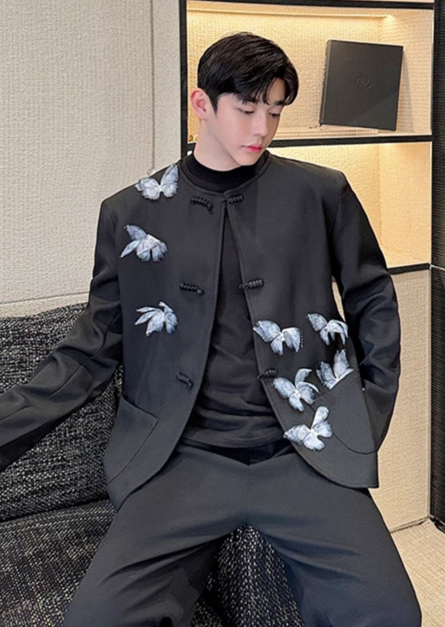 C-Drama Couture Statement -  Mandarin Collar Jacket with 3D Butterfly Appliqué & Knot Closures – BASIC