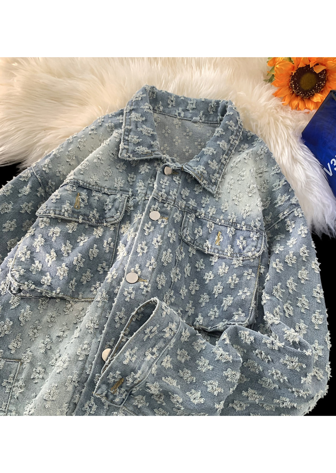 K-Drama Inspired Distress Textured Loose Denim Jacket