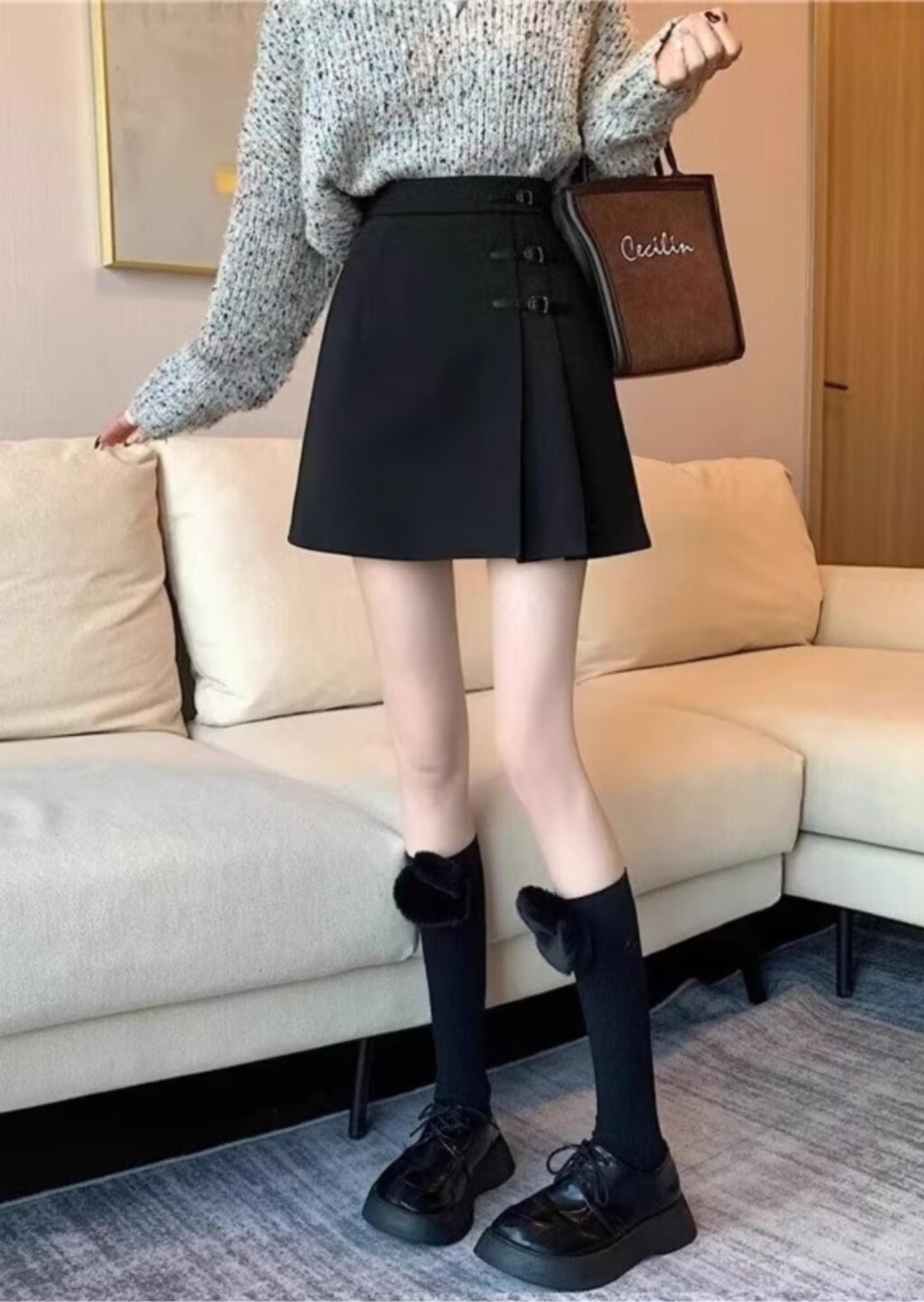 K-Pop Inspired A-Line Pleated Mini Skirt with Belted Closure