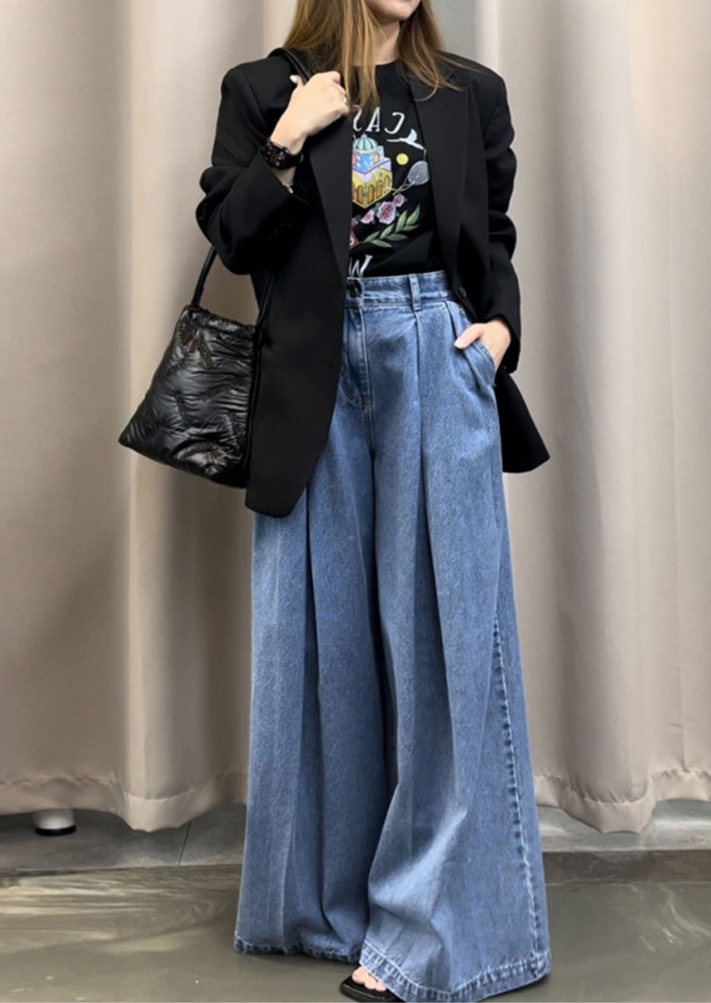 J-Drama Inspired Wide-Leg Denim Trousers – High-Waisted Pleated Jeans with Relaxed Silhouette - BASIC