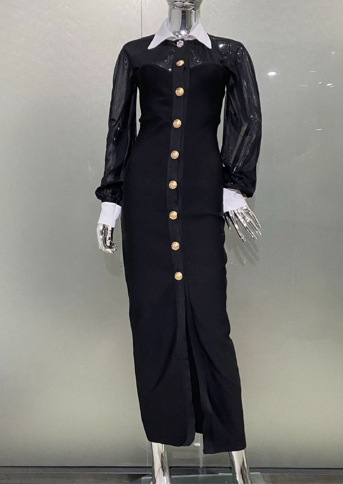 Front Button Opening Long Sleeve Maxi Dress