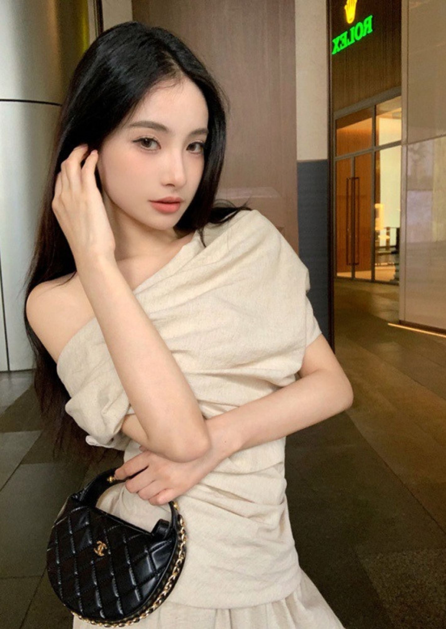 K-Drama Luxe, A CEO’s Effortless Elegance: Off-Shoulder Draped Top – BASIC