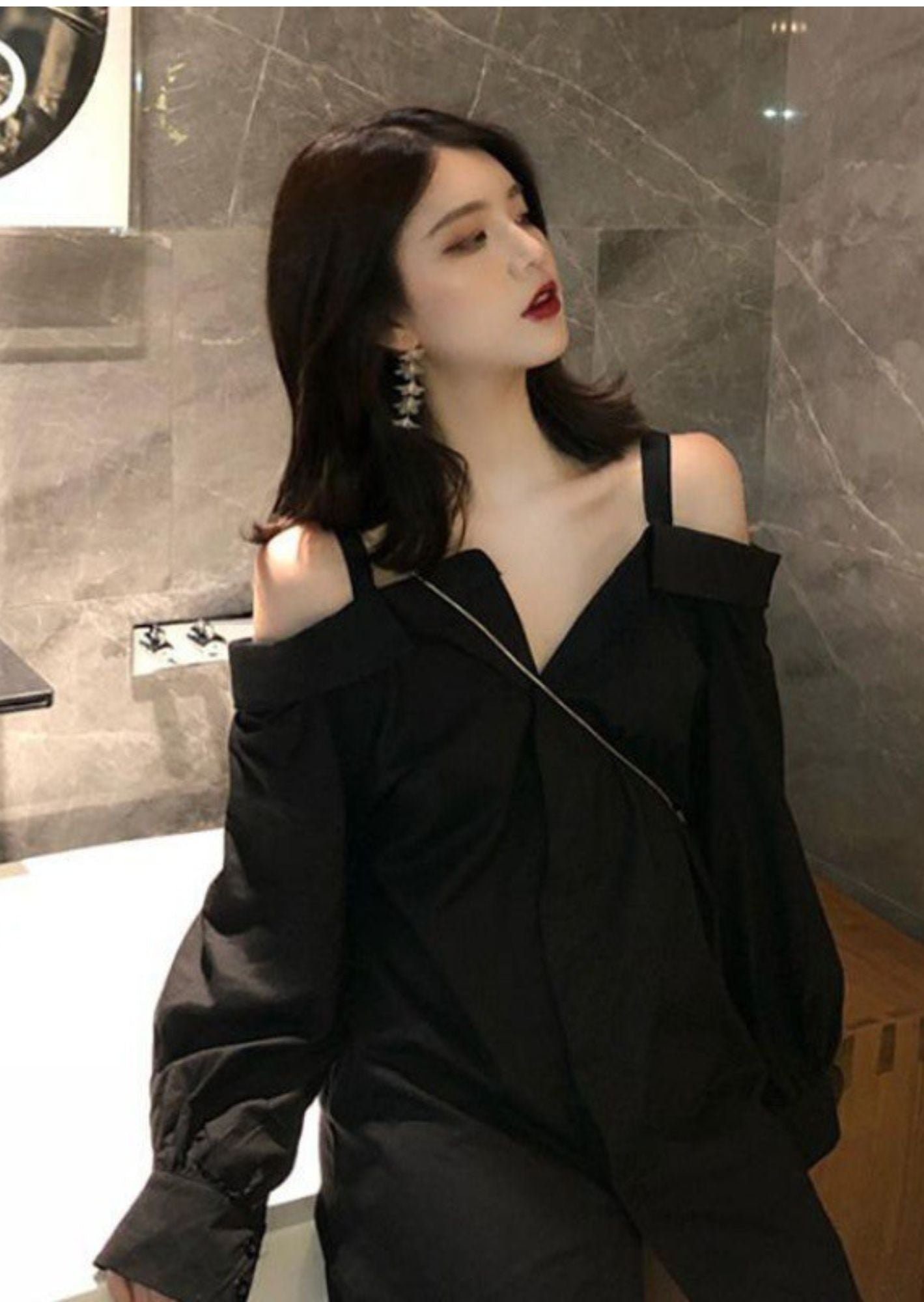 K-Drama CEO Off-Duty Glam - Chic Off-Shoulder Black Shirt Dress - BASIC