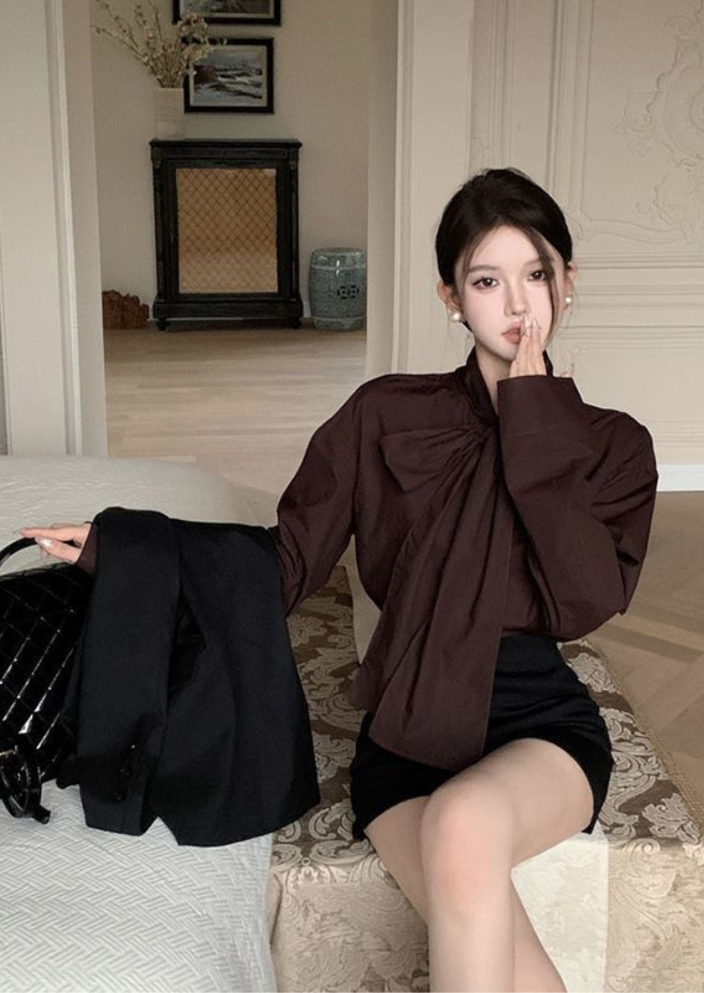 C-Drama Inspired Tie Strap Collar Shirt