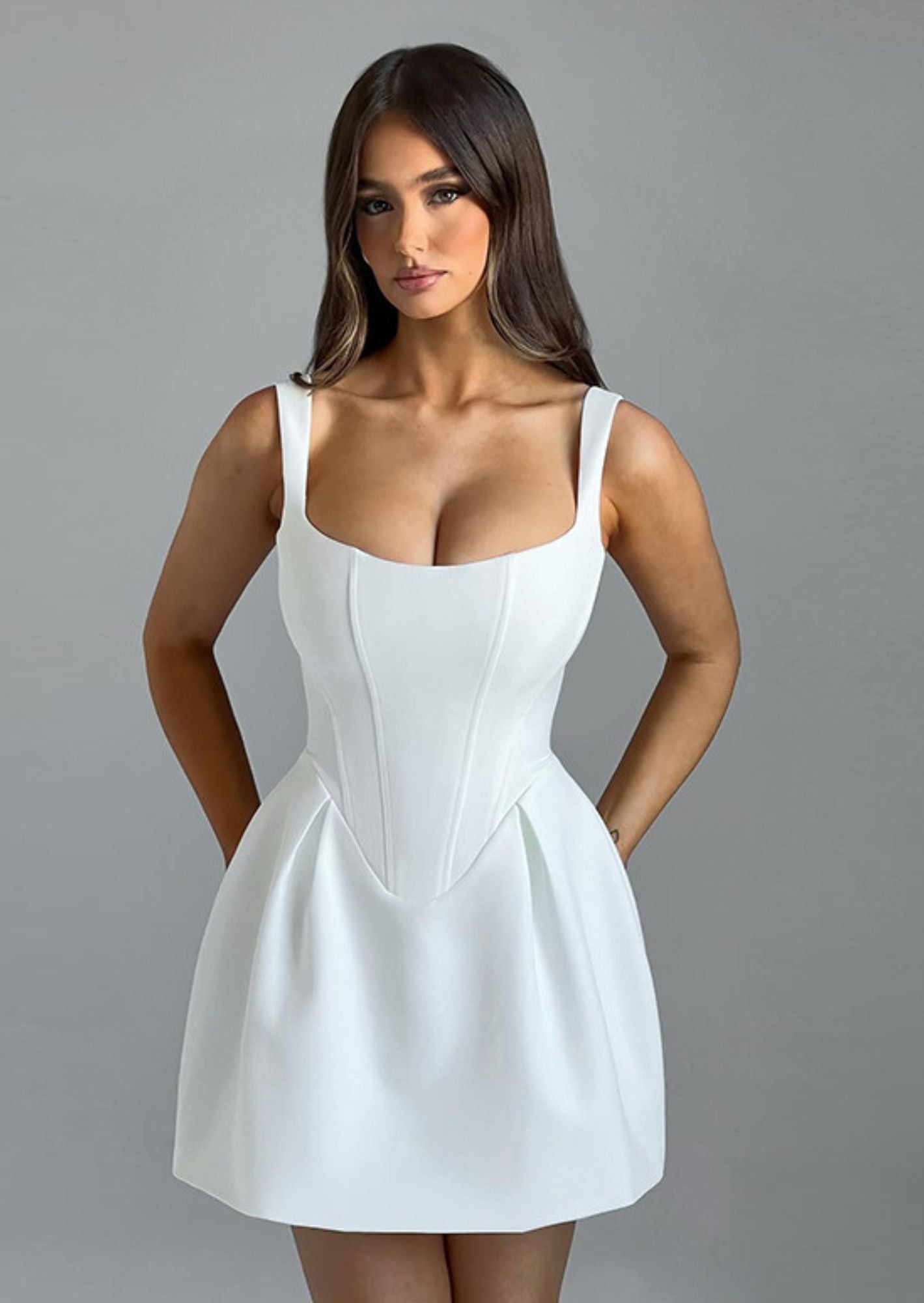 K-Drama Inspired Modern Elegance - Wide Square Neck Structured Corset Mini Dress – BASIC