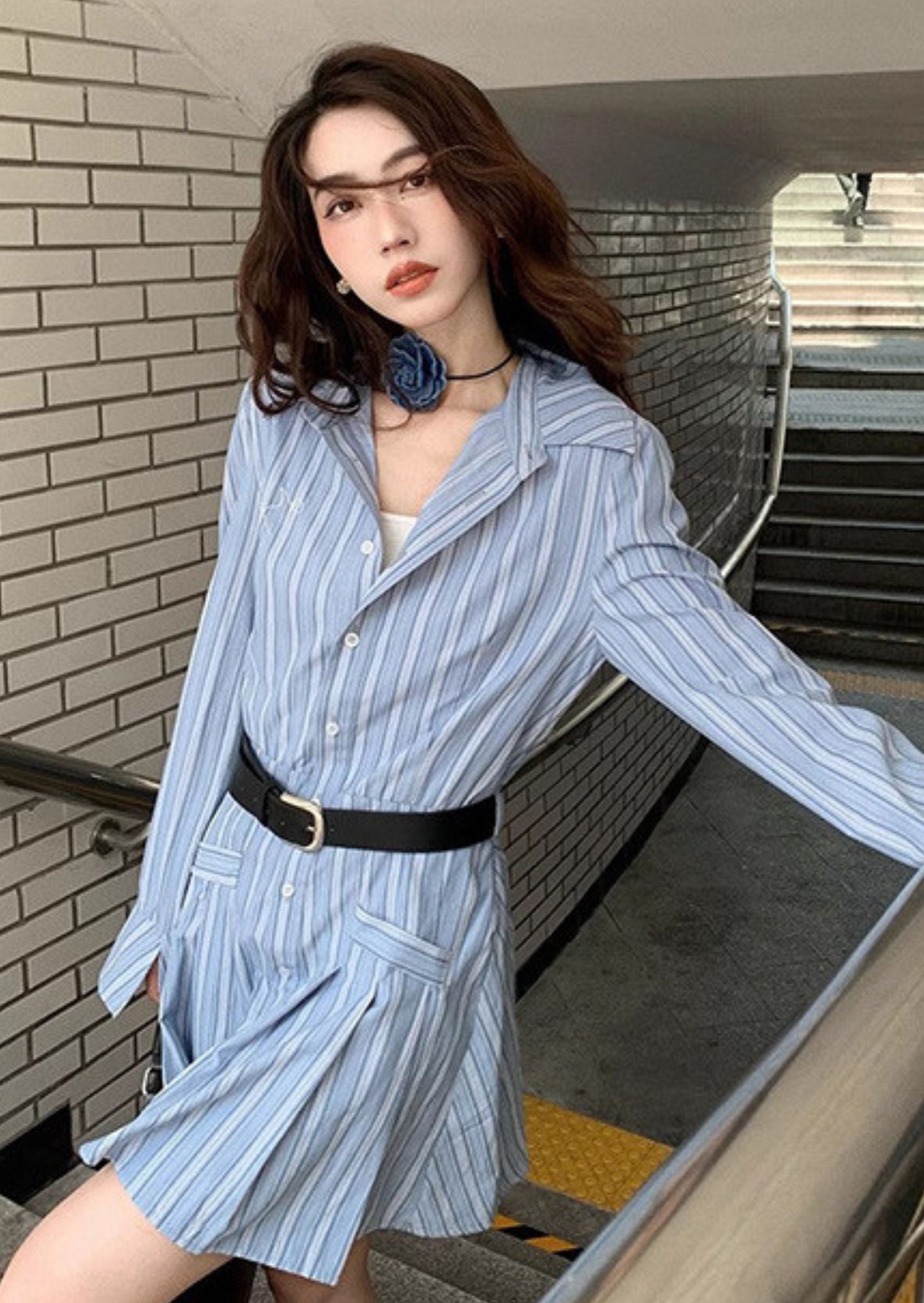K-Drama Inspired Elegant Street Style - Chic Striped Shirt Dress with Flared Hem – BASIC