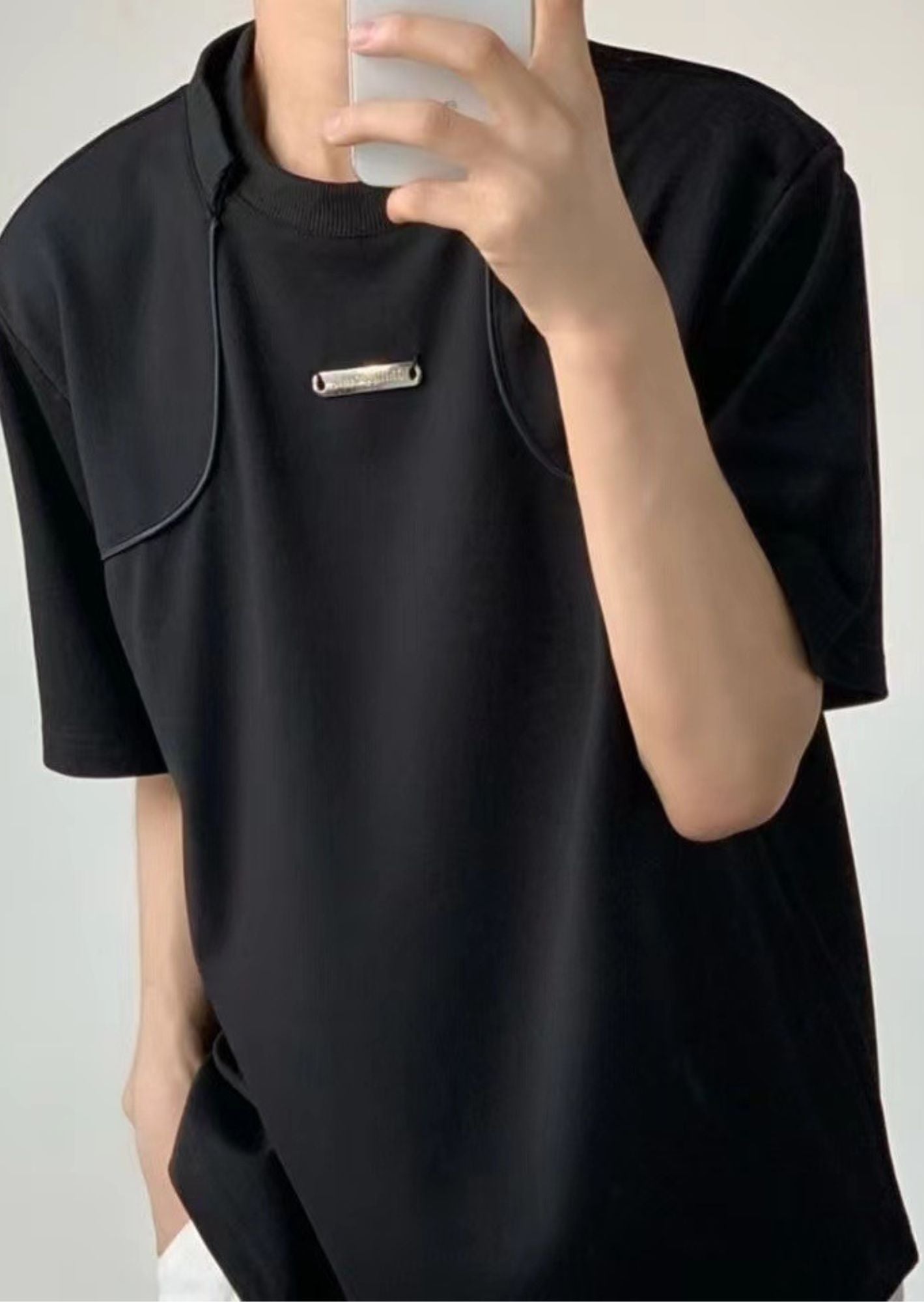 C-Drama Inspired Streetwear Elegance : Black Double Collar T-Shirt with Minimal Detailing – BASIC