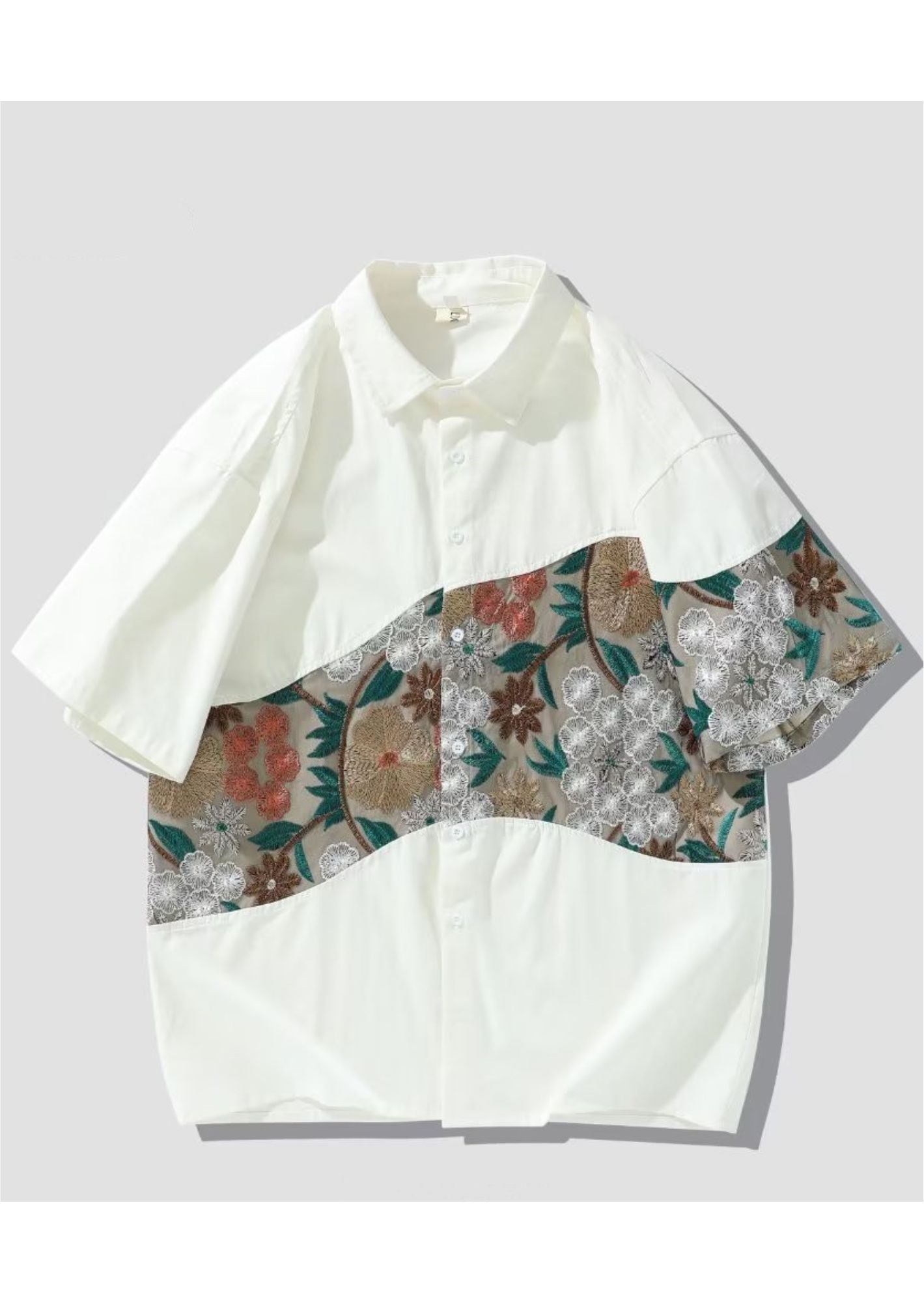 K-Drama Bloom : White Short Sleeve Shirt with Curved Floral Brocade Panel – BASIC