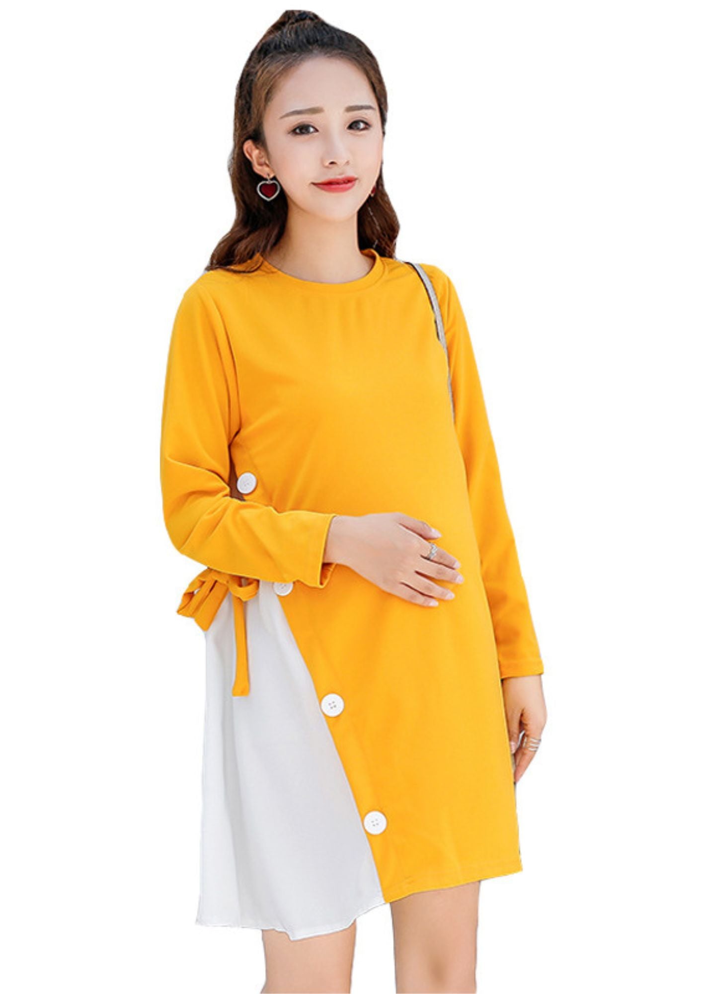J-Drama Inspired Playful Maternity Dress – Colorblock Yellow & White Tunic with Side Bow and Button Detailing - BASIC