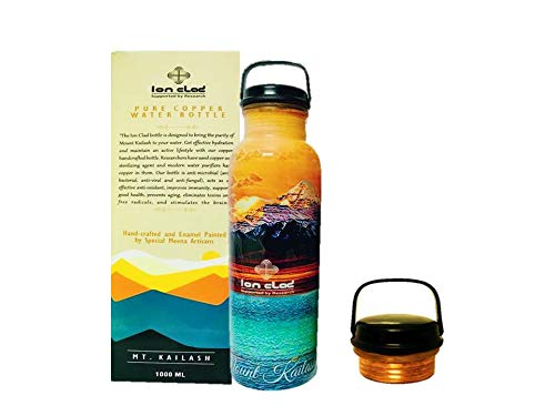 Ion Clad Scientist Developed Anti-Microbial Copper Bottle,Wide Mouth Metal Cap & Carry Loop, Handcrafted & Enamel Designed, Plastic Free, Seamless Joint Free(1000 ml) Mount Kailash Limited Edition