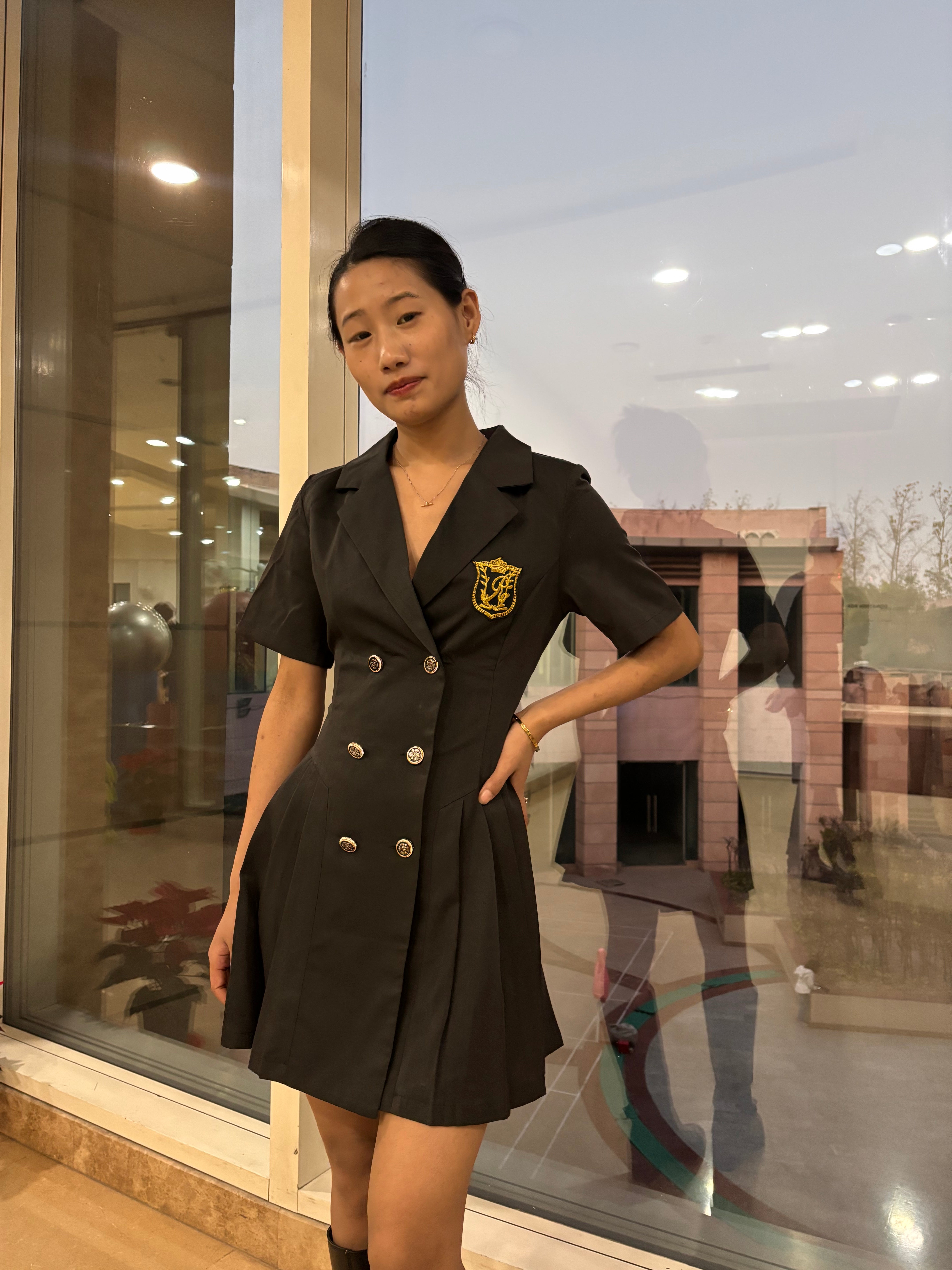 K-Drama CEO Chic Edition - Structured Pleated Blazer Dress with Gold Buttons – BASIC