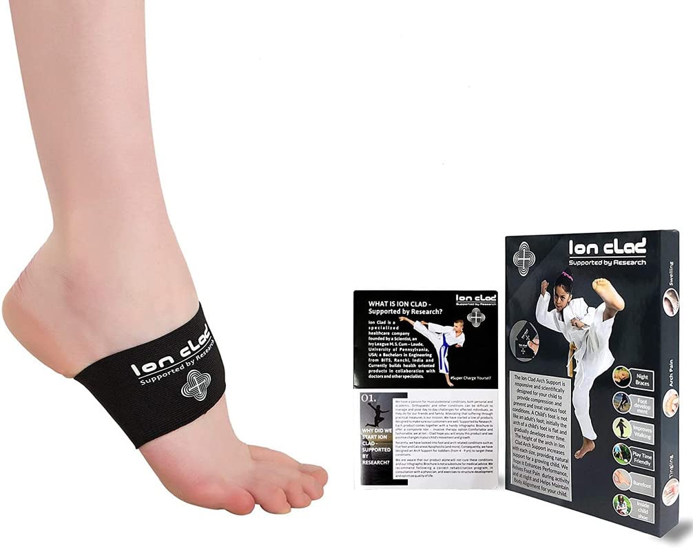 ION CLAD  Anti-Microbial Copper Arch Support for Kids-2 Copper Compression Braces/Sleeves for Arch and Foot Pain Relief, Muscle Relaxation, Flat Feet Correction and Scientist Written Handbook (1 Pair Black) (8-11 Years)(Arch Width Approx 3.25 IN)