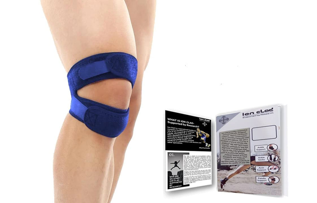 Ion Clad Neoprene Scientist Developed Dual Patella X-Shaped Adjustable Knee Compression Strap For Kids,Men&Women Pain Relief,Arthritis,Tendonitis,Bursitis Stabilizer Brace(Blue,One Size Fits All)