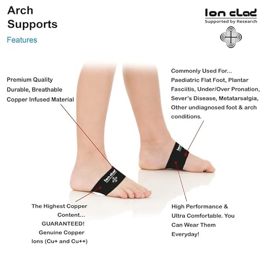 ION CLAD Scientist Developed Anti-Microbial Copper Arch Support for Kids-2 Copper Compression Braces/Sleeves for Arch and Foot Pain Relief, Muscle Relaxation, Flat Feet Correction and Scientist Written Handbook (1 Pair Black) (Arch Width Approx 3 IN)