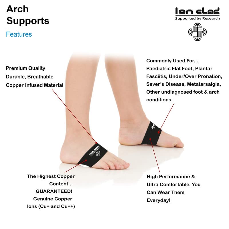 ION CLAD  Anti-Microbial Copper Arch Support for Kids-2 Copper Compression Braces/Sleeves for Arch and Foot Pain Relief, Muscle Relaxation, Flat Feet Correction and Scientist Written Handbook (1 Pair Black) (8-11 Years)(Arch Width Approx 3.25 IN)