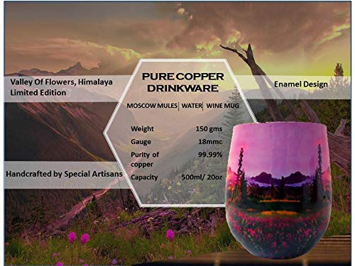 Ion Clad Scientist Developed Anti-Microbial Copper Tumbler,Handcrafted Enamel Designed, Stemless, Plastic Free, Seamless and Joint Free (500ml) Valley of Flowers, Himalaya Limited Edition.