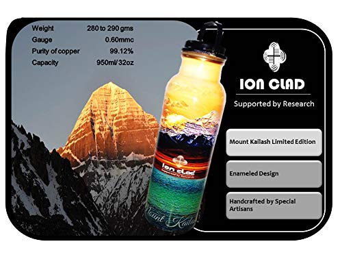 Ion Clad Scientist Developed Anti-Microbial Copper Bottle,Wide Mouth Metal Cap & Carry Loop, Handcrafted & Enamel Designed, Plastic Free, Seamless Joint Free(1000 ml) Mount Kailash Limited Edition