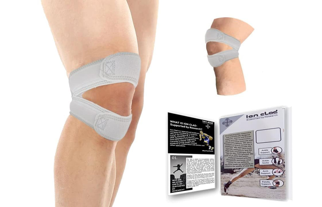 Ion Clad Scientist Developed Dual Patella X-Shaped Adjustable Knee Compression Strap for Kids, Men & Women for Pain Relief, Arthritis, Tendonitis, Bursitis Stabilizer Brace (Grey) (Men & Women)