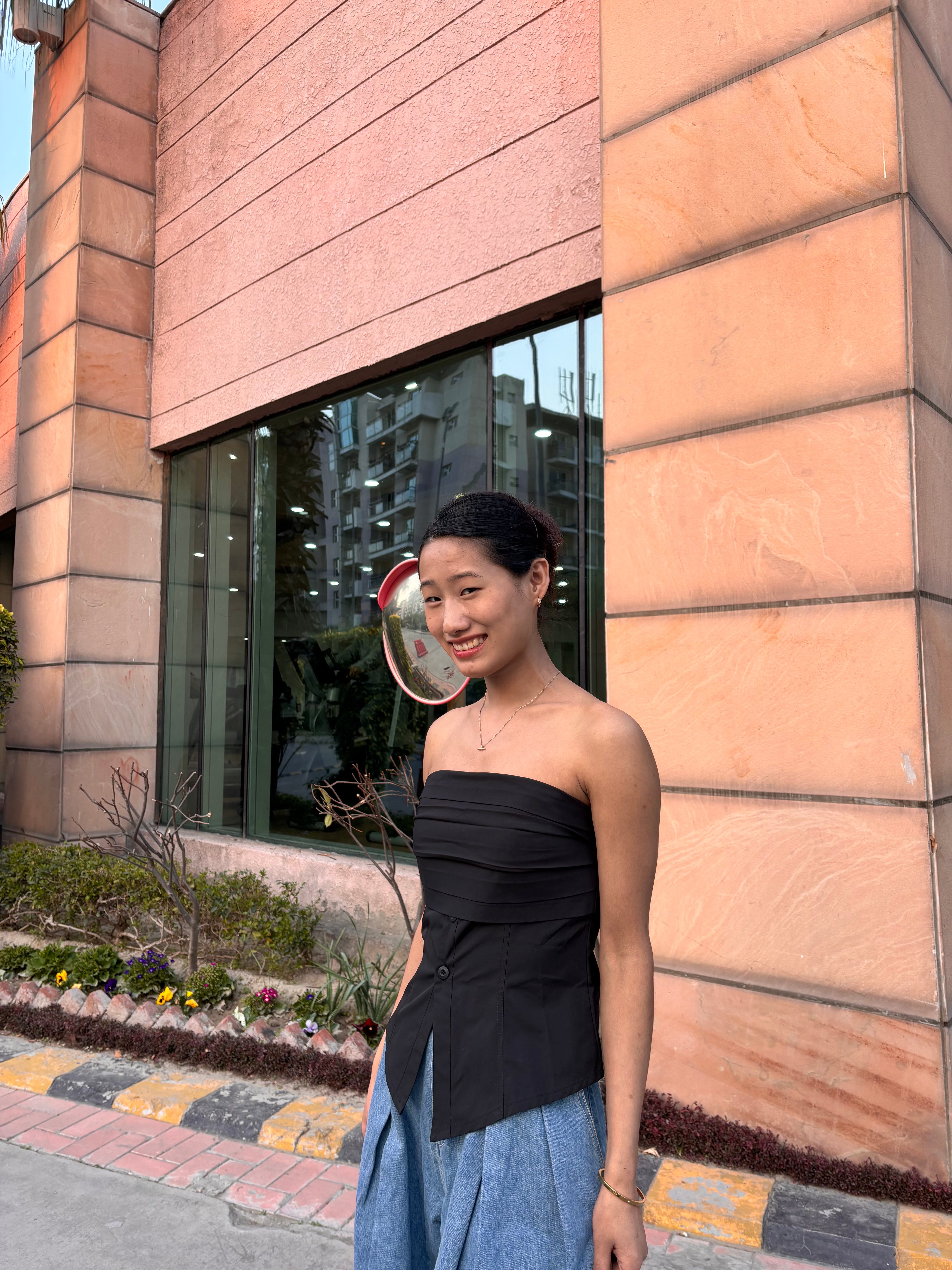 K-Fashion Chic with Edgy Elegance- Pleated Corset-Inspired Strapless Top- BASIC