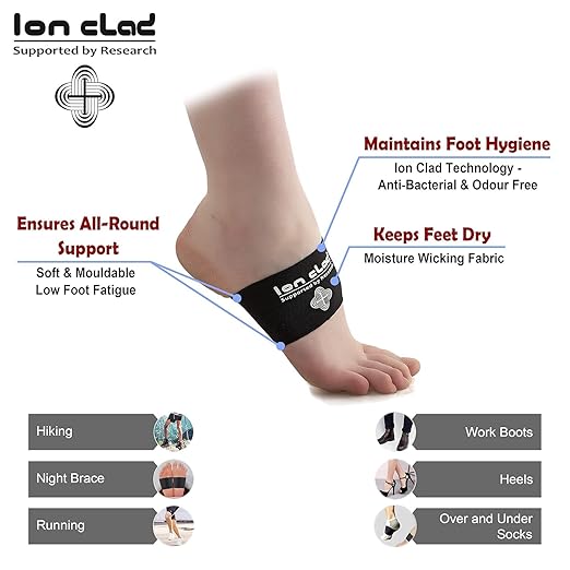 Ion Clad Scientist Developed Arch Compression Band Elastic Foot Care Inserts for Men & Women with Eva Foam Pads for Plantar Fasciitis, Flat Foot, Heel Pain Relief, Gait Correction (1 Pairs, One Size Fits All)