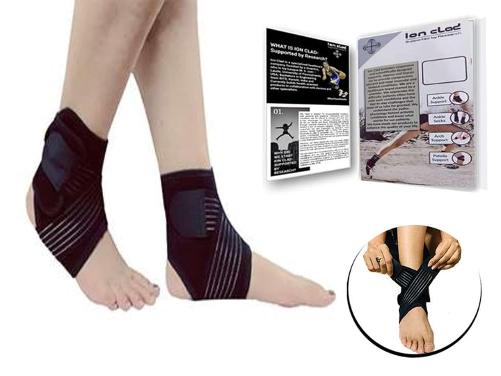 Ion Clad SCIENTIST DEVELOPED DUAL ANKLE Support with Wrap, Neoprene sleeve for Kids & Women. Medically approved for Pain relief, Arthritis and Sports (Right Foot)