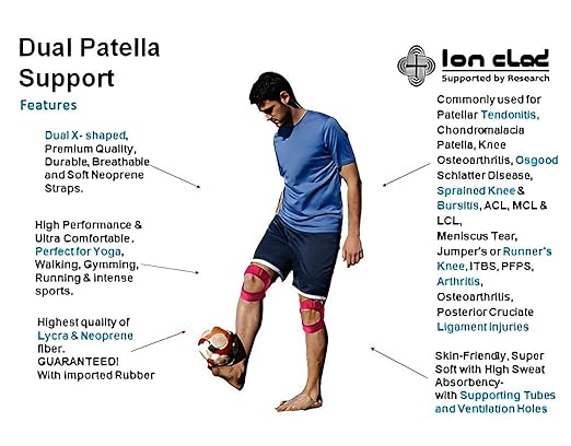 Ion Clad Scientist Developed Dual Patella X-Shaped Adjustable Knee Compression Strap for Kids, Men & Women for Pain Relief, Arthritis, Tendonitis, Bursitis Stabilizer Brace