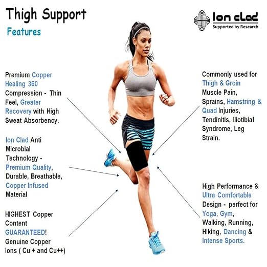 Ion Clad Copper Compression Adjustable Thigh Sleeve-Hamstring Quad Wrap Support for Pulled Groin Muscle, Sprains, Tendinitis, IT band. Workouts, Pain Relief & Sports Recovery Brace - Men, Women